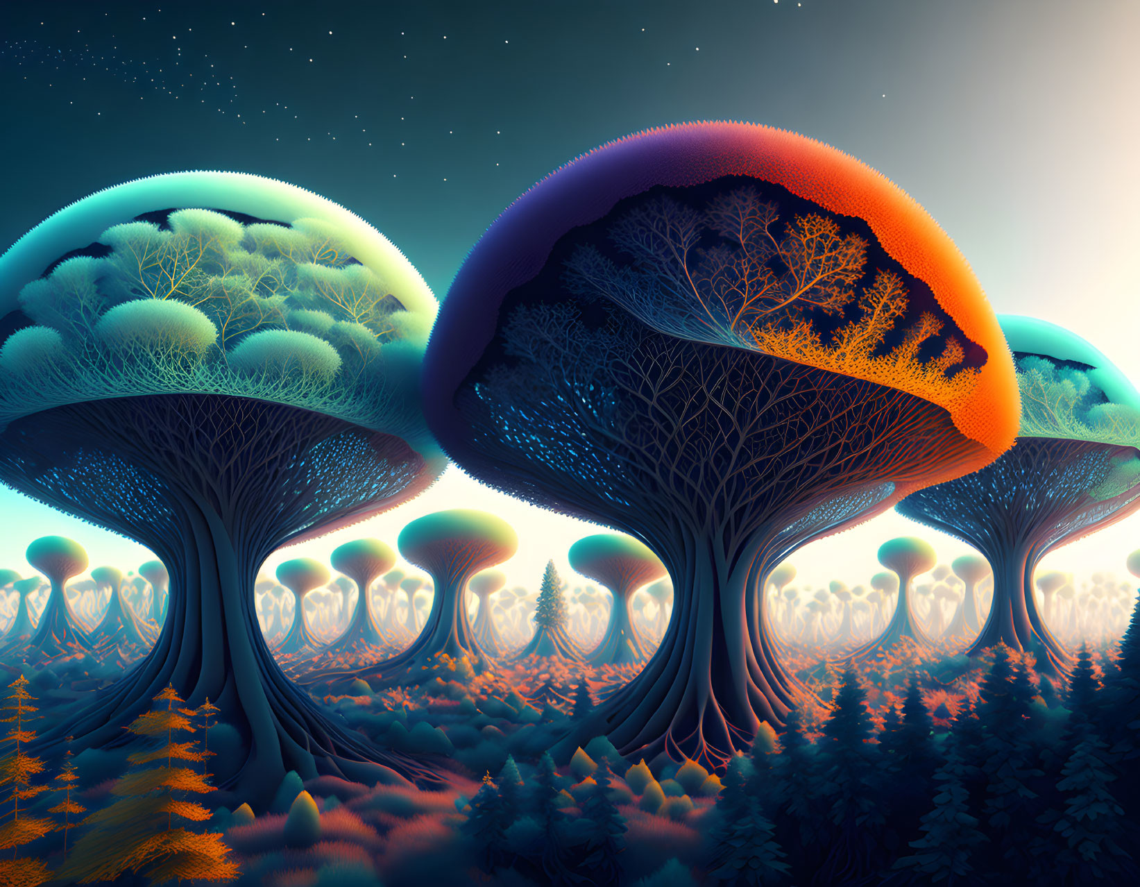 Colorful digital artwork: Fantastical forest with oversized mushroom-shaped trees in blue, orange, and