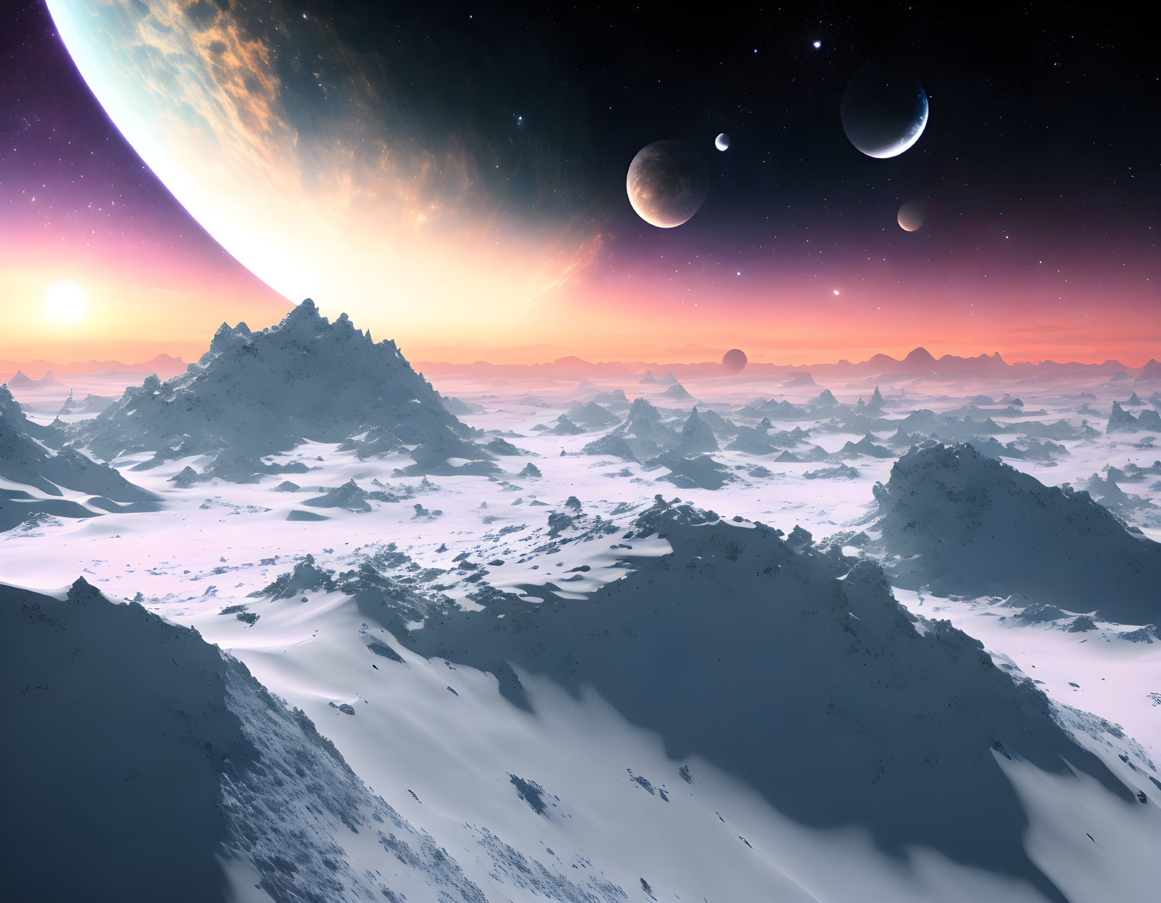 Snowy mountains under cosmic sky with planet, moons, stars, and distant sun