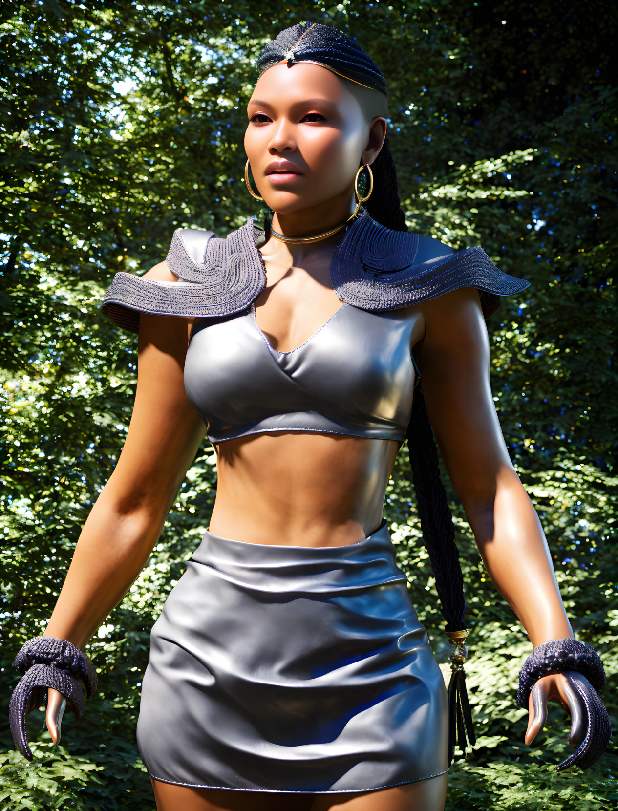 Futuristic silver outfit with shoulder armor, hoop earrings, and braided hairstyle.