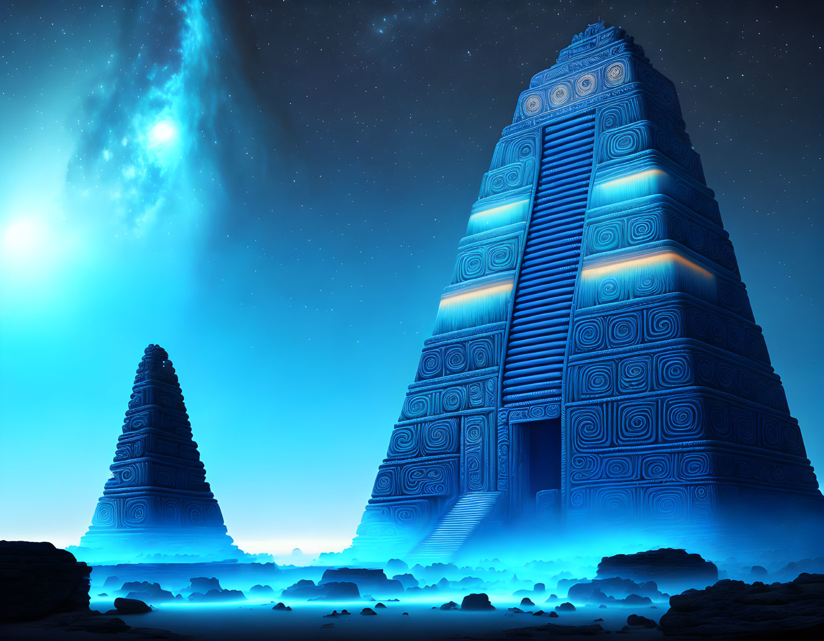 Blue ziggurat structures on alien planet under starlit sky