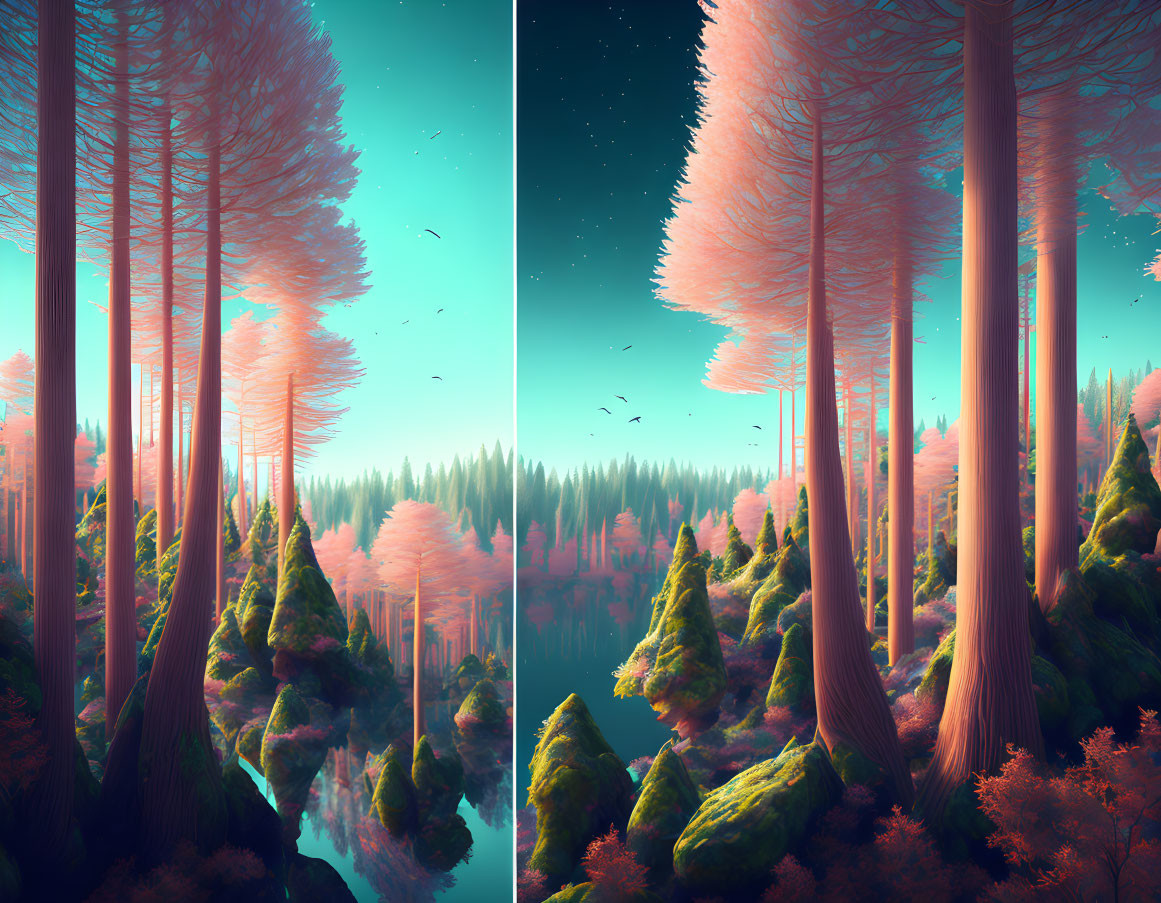 Split-view forest landscape: day to starry night with tall trees, ravine, and flying birds