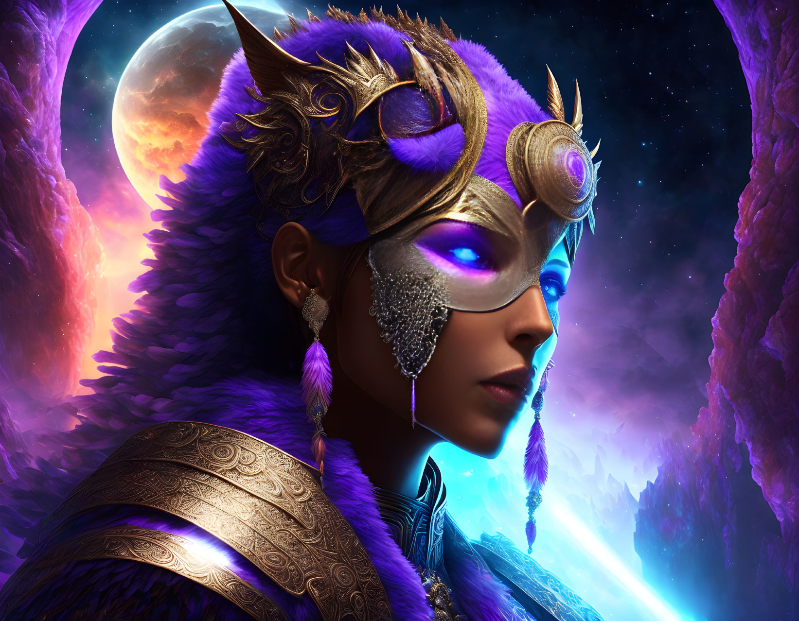 Digital artwork: Woman with blue eyes in gold armor against cosmic moon