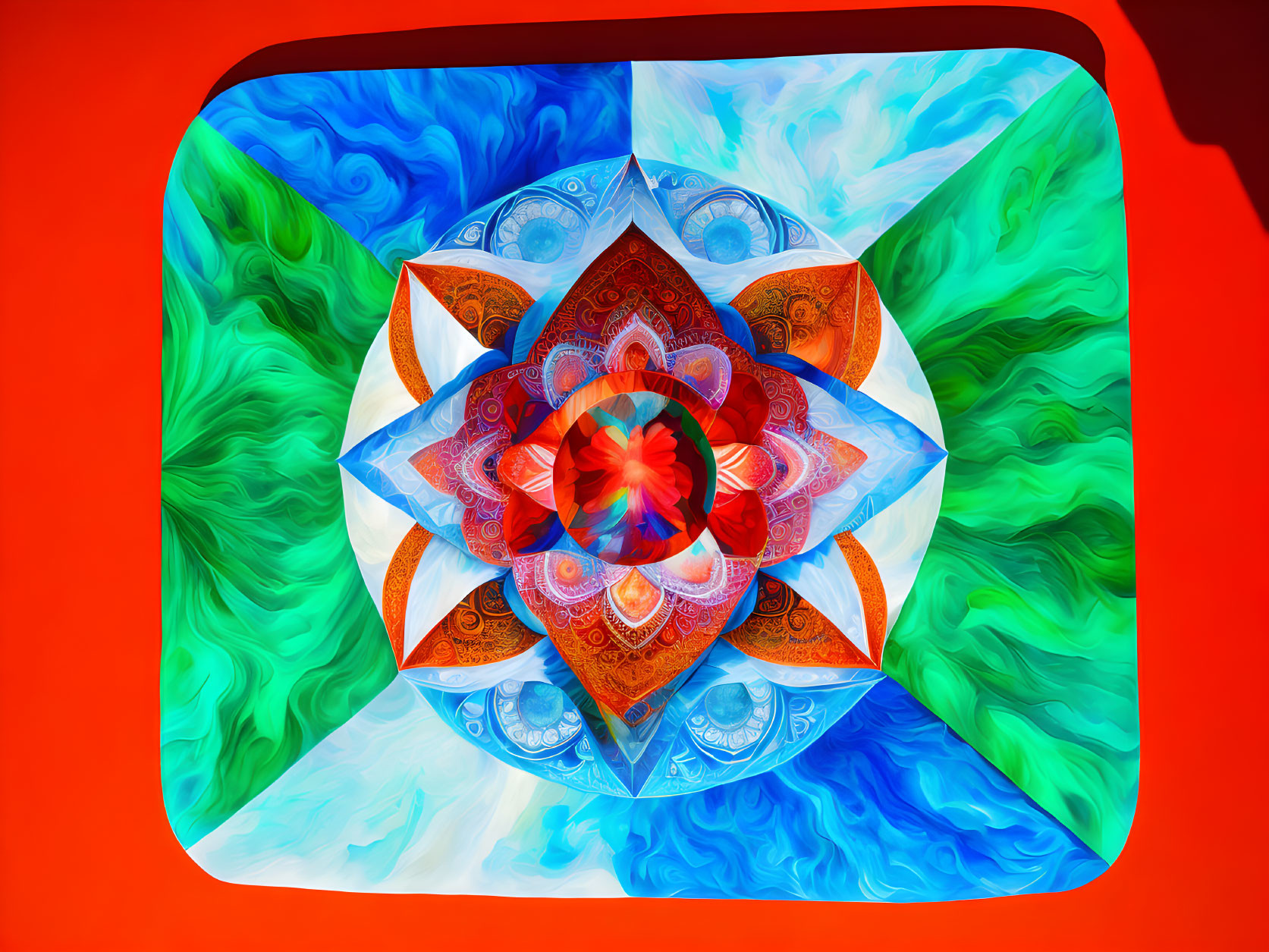 Colorful 3D mandala design in red, blue, and green hues