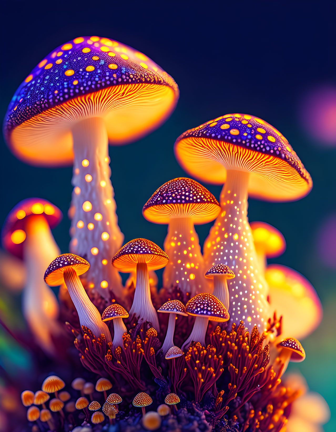 Colorful Bioluminescent Mushrooms on Blurry Background