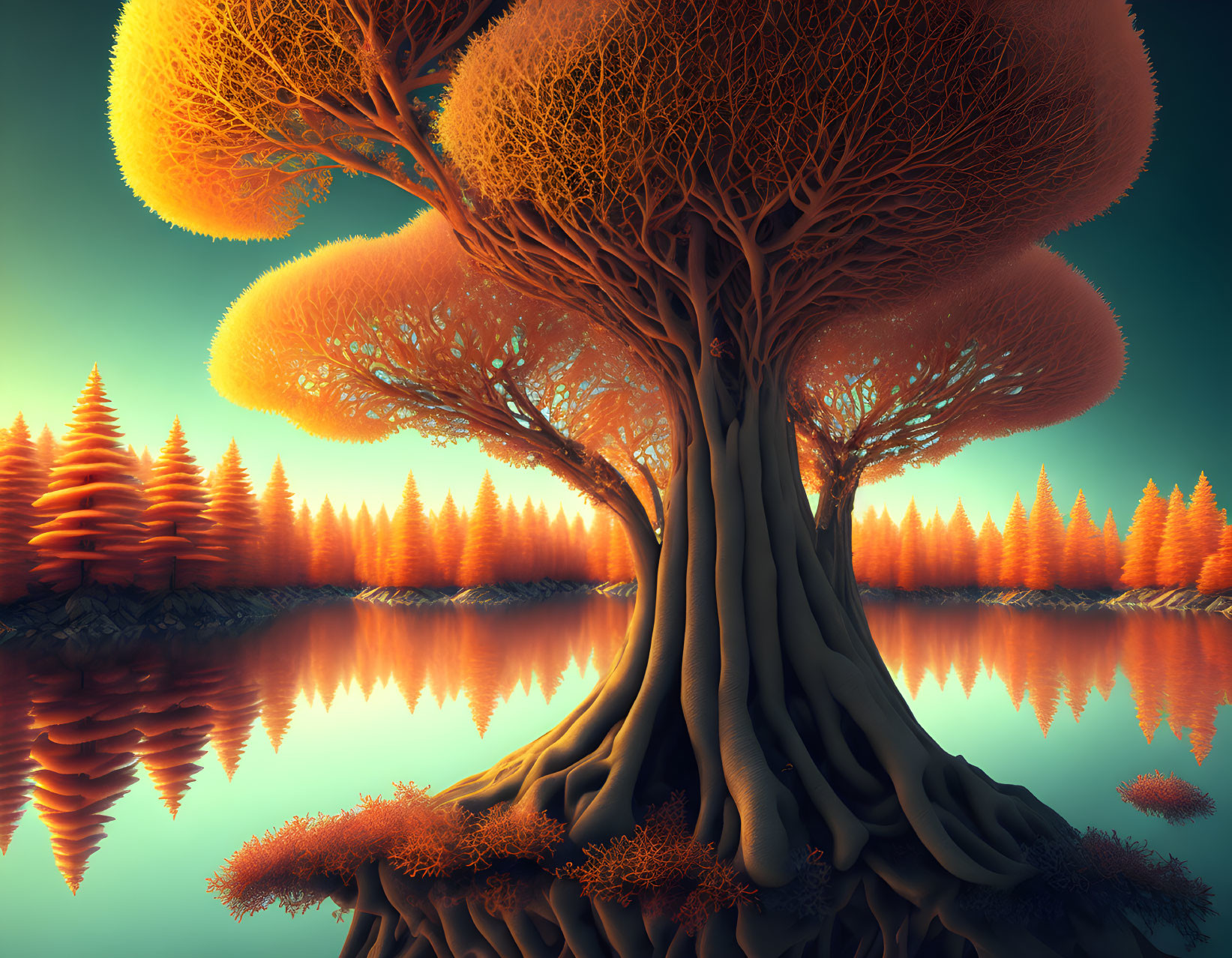 Golden-orange tree landscape with cloud-like canopies reflected in tranquil water at twilight