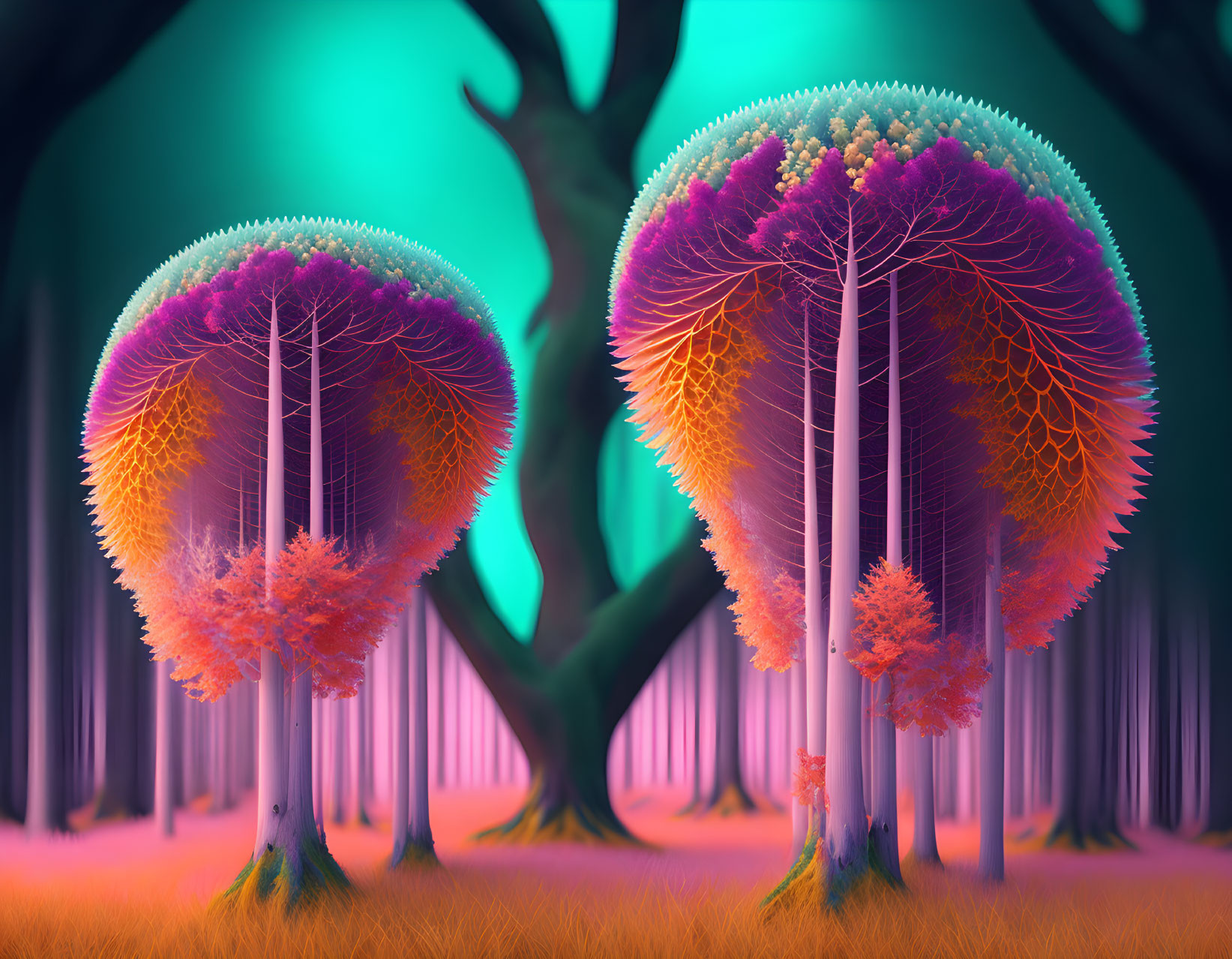 Colorful digital artwork: Stylized trees with coral-like canopies in mystical forest