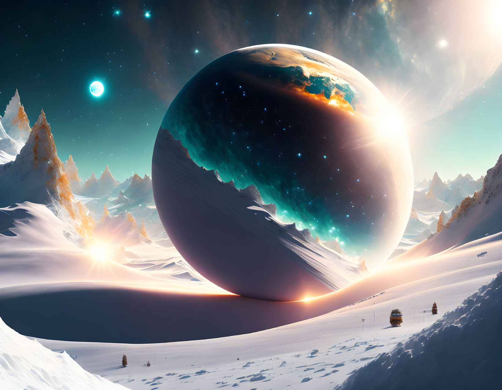 Surreal snowy mountains under starry sky with large planet and travelers.