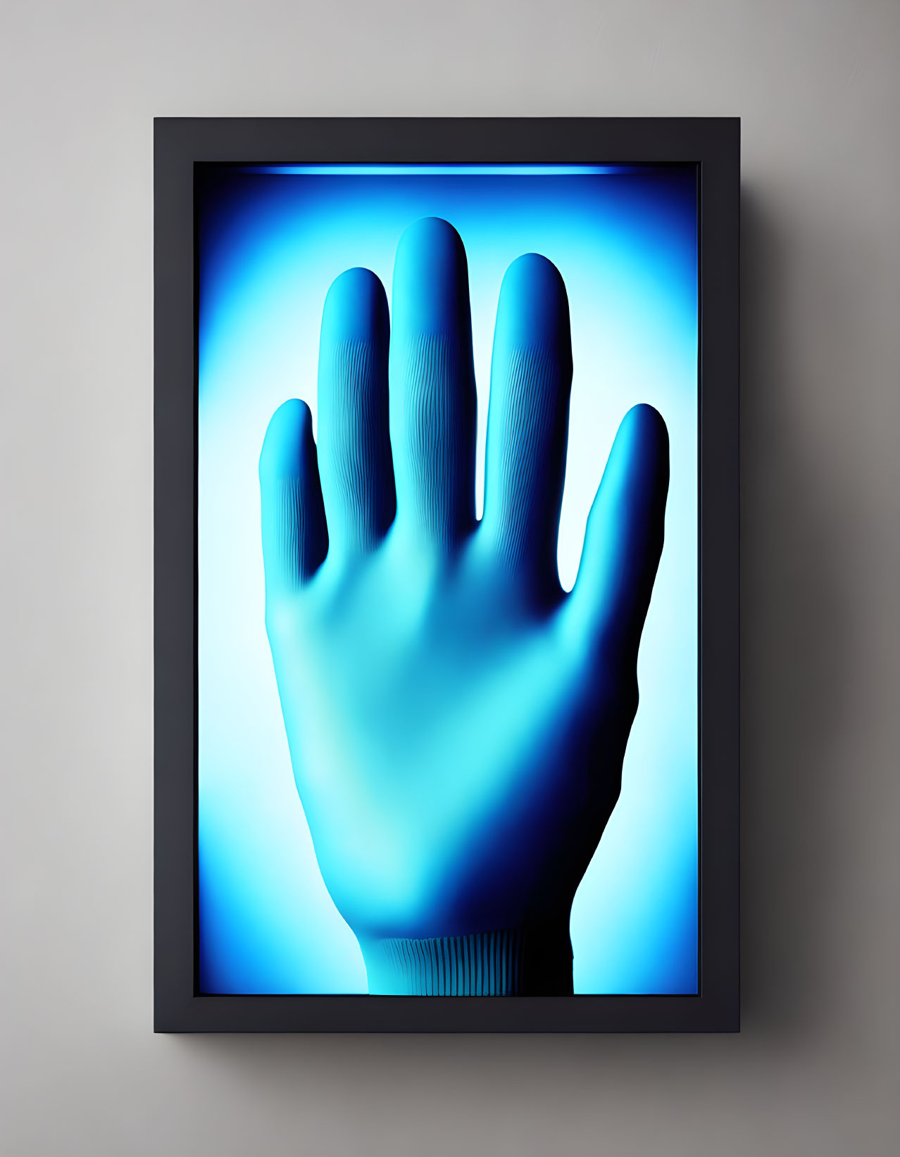 Blue Illuminated Hand on Gradient Background in Frame