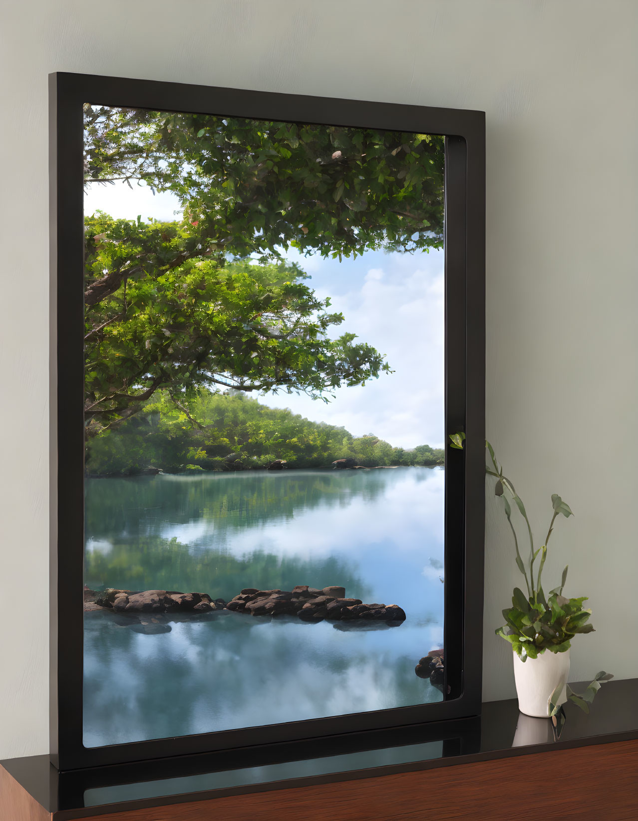 Tranquil lake landscape with trees reflected on digital frame on wooden table