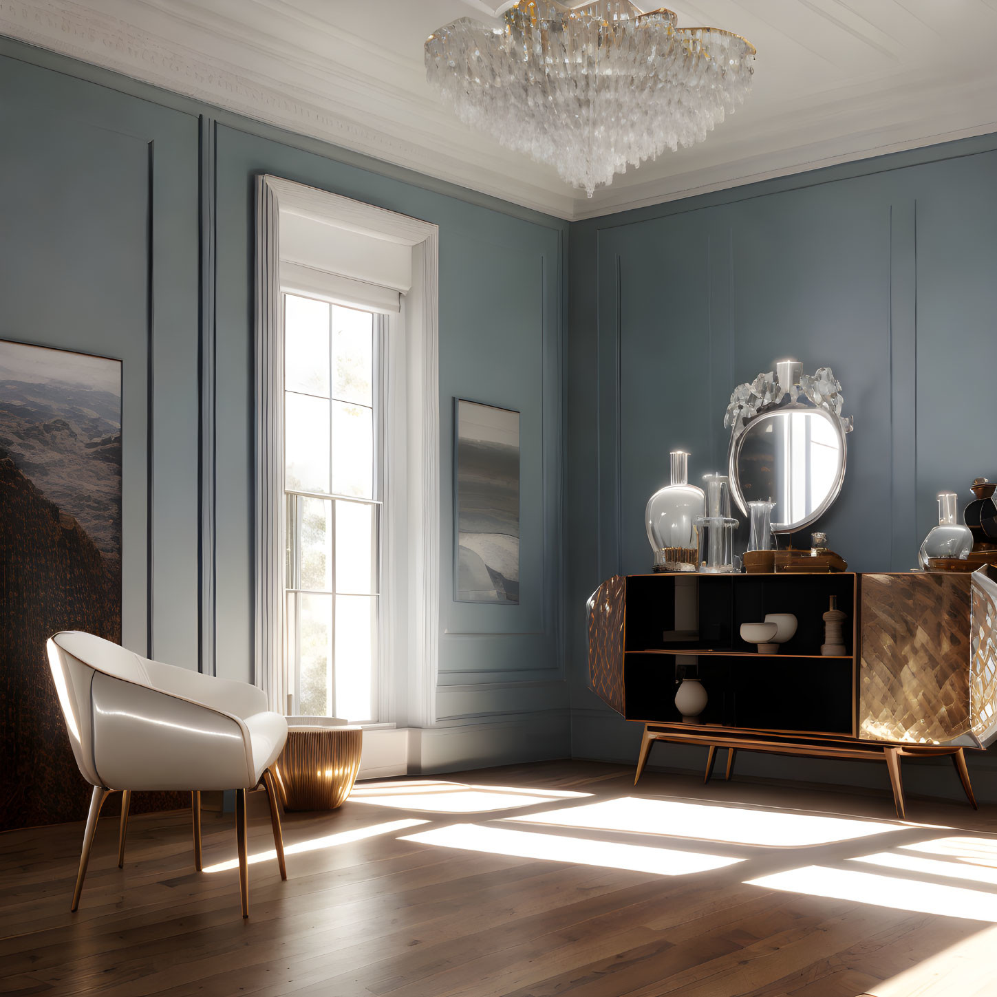 Modern white chair, vintage dresser, chandelier in elegant room