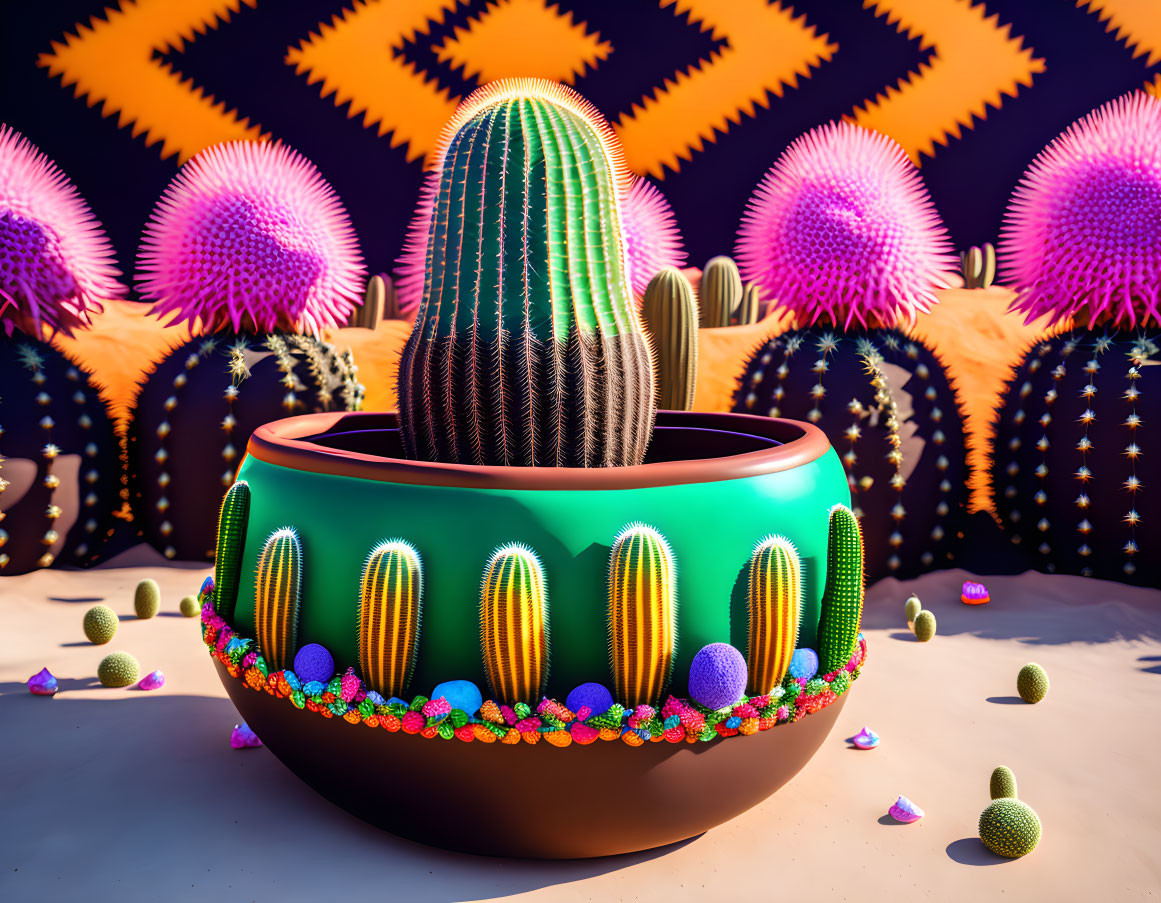 Colorful Large Cactus Illustration in Vibrant Pot