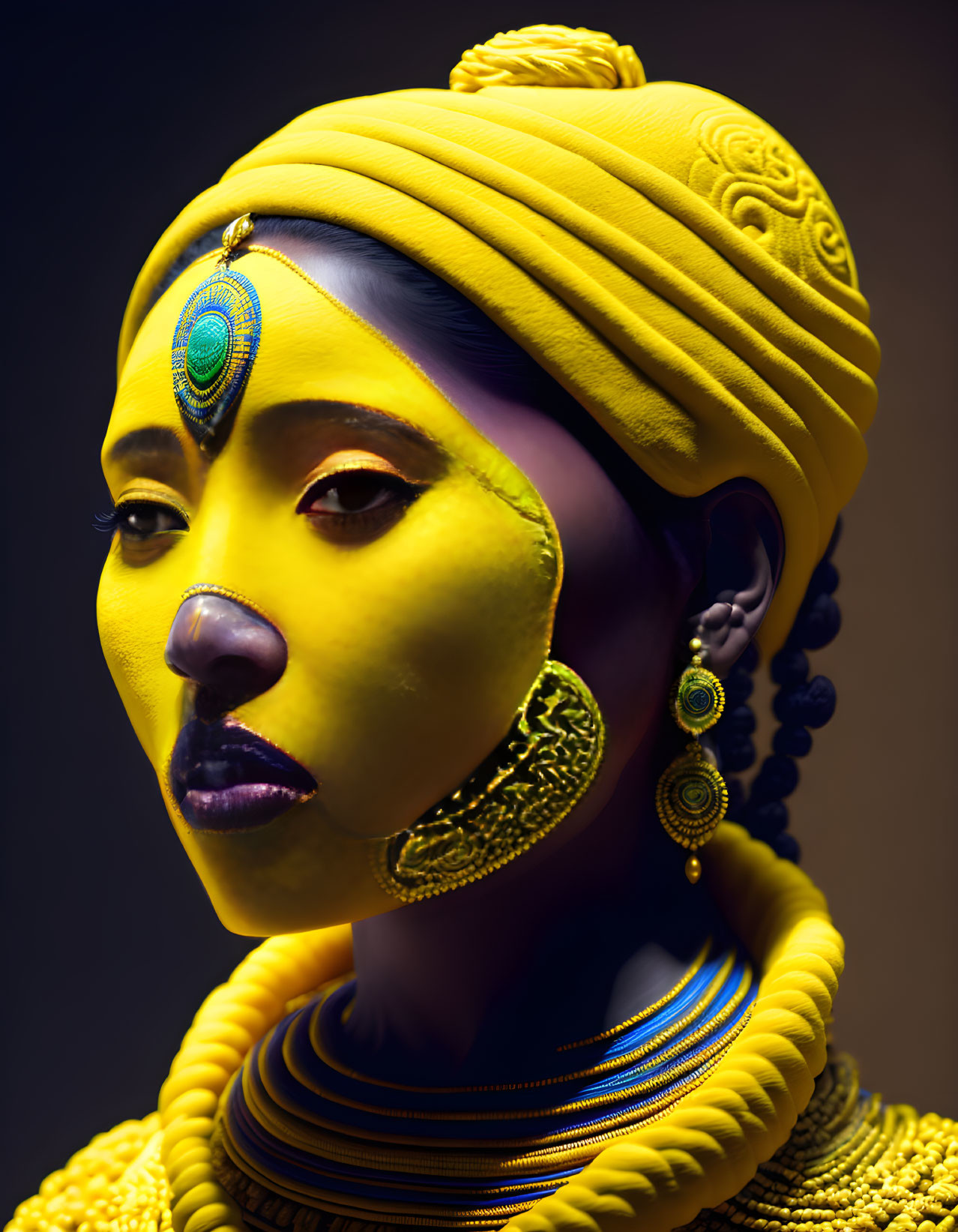 Woman in Yellow and Blue Makeup with Turban and Golden Jewelry on Dark Background