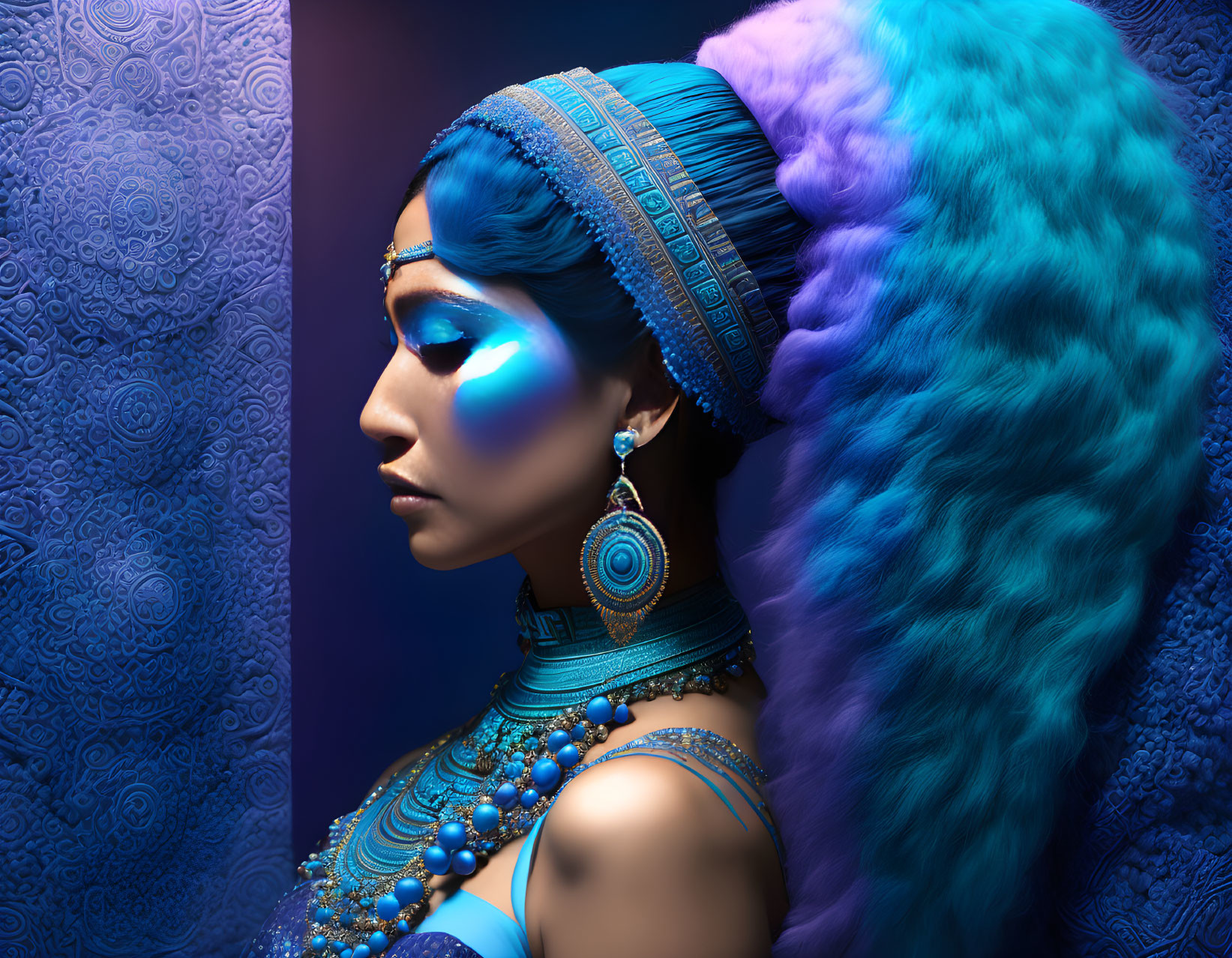 Profile View of Woman in Blue Themed Makeup and Ornate Headgear