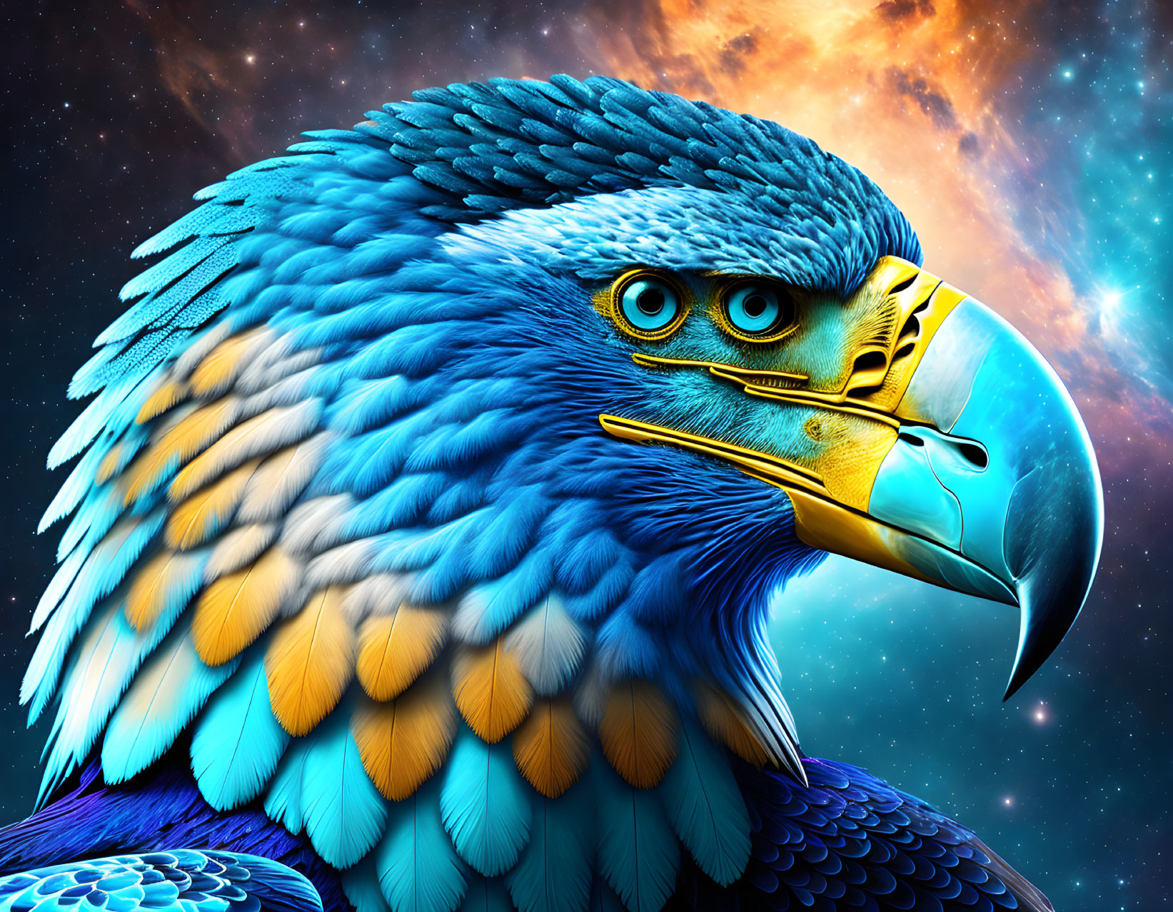 Stylized eagle digital art with blue and orange feathers