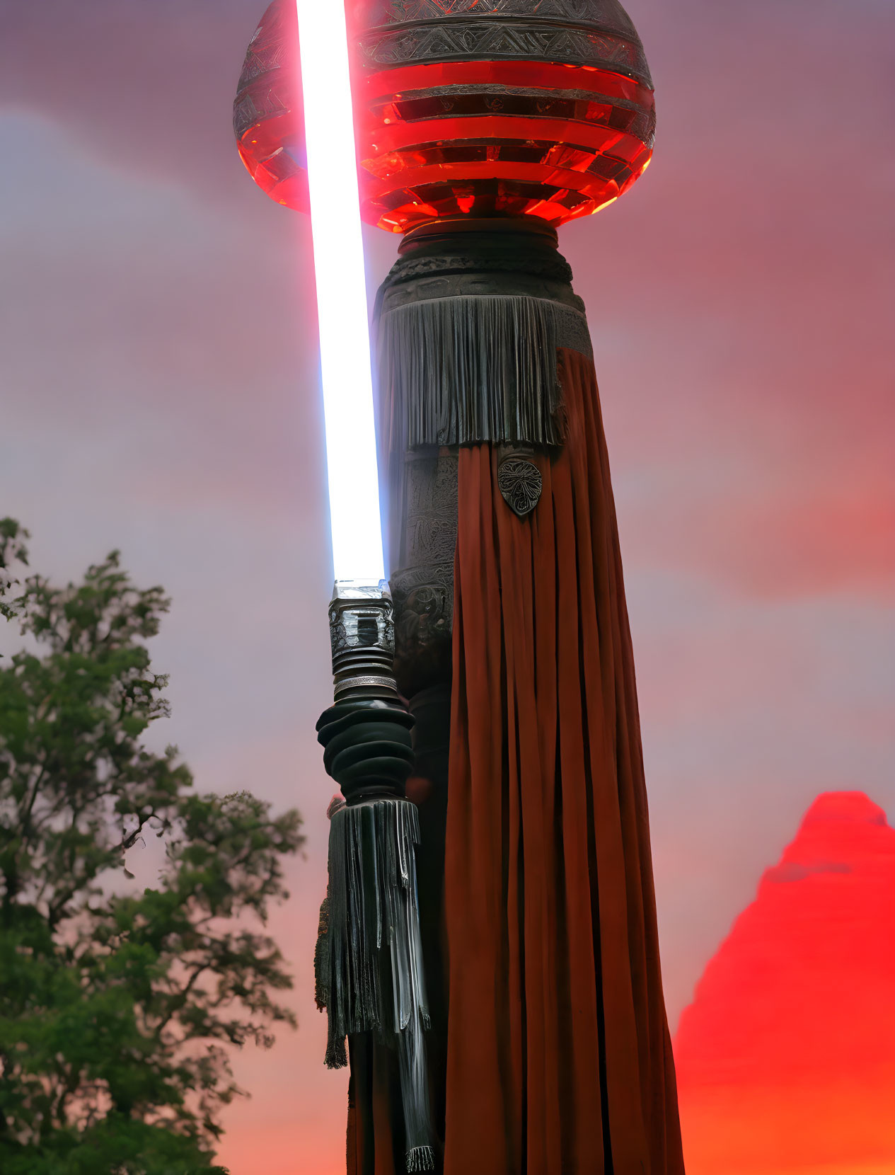 Detailed red lightsaber against dramatic red and pink sky