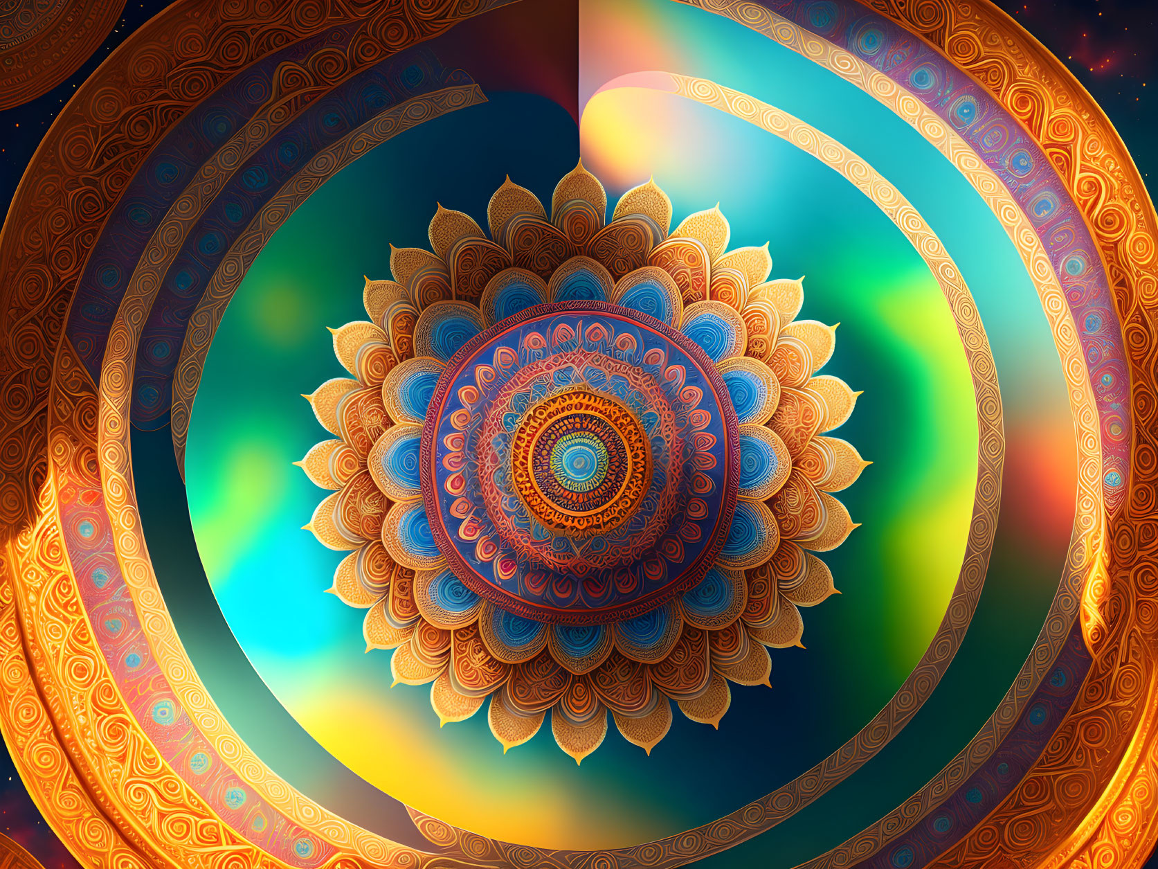 Detailed Mandala Artwork in Blue, Orange, and Gold Hues