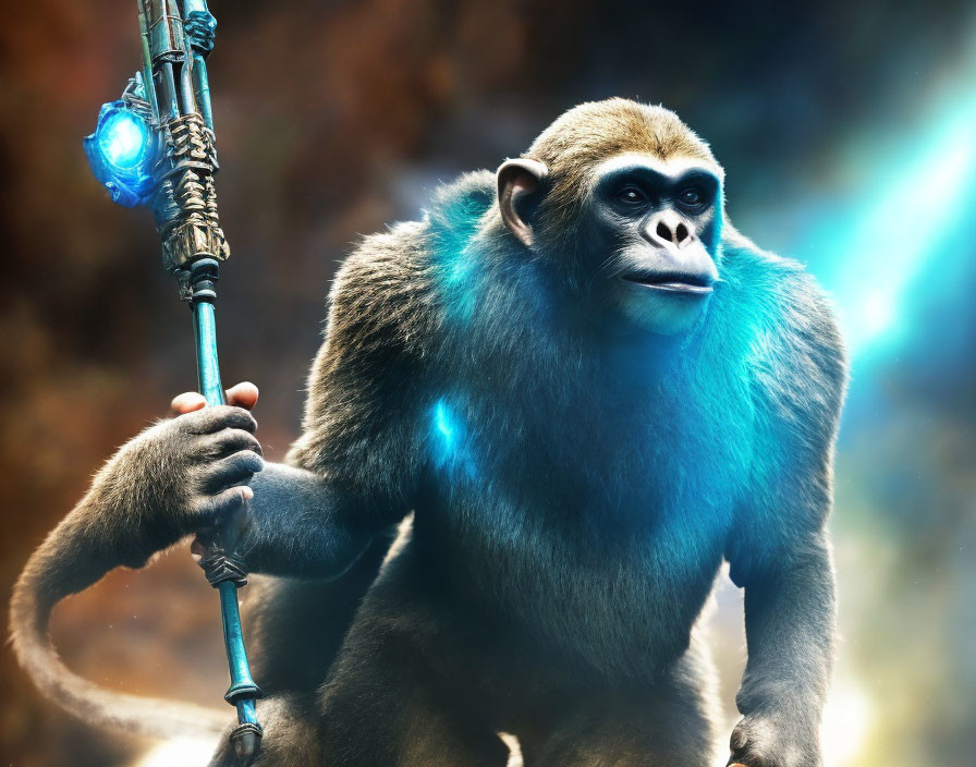 Blue monkey with mystical staff and glowing orb in digital art.