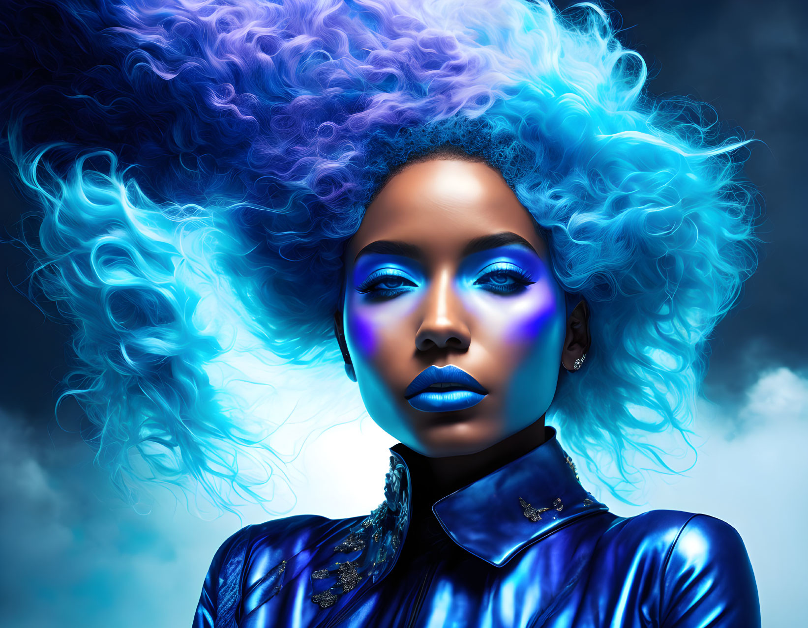 Vibrant blue hair woman portrait on dark background