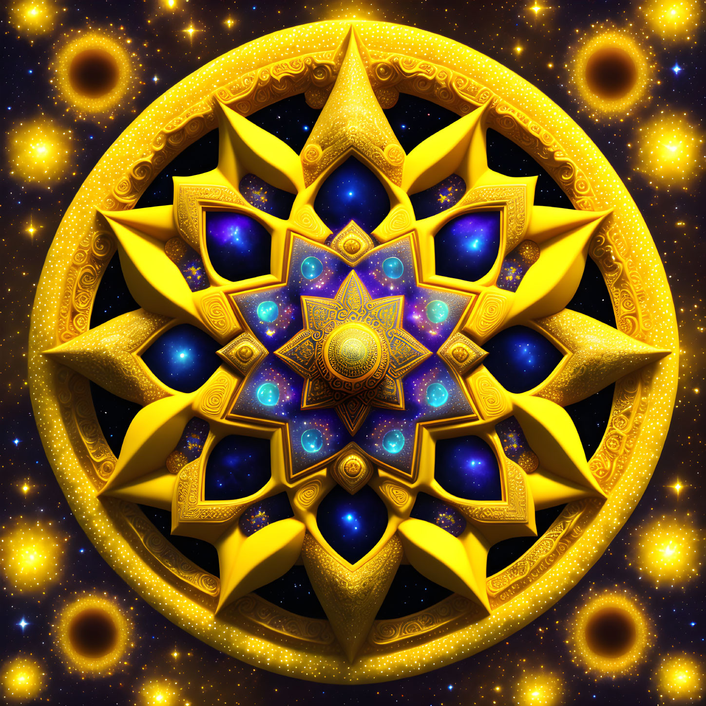 Intricate Gold and Blue Fractal Mandala on Cosmic Background