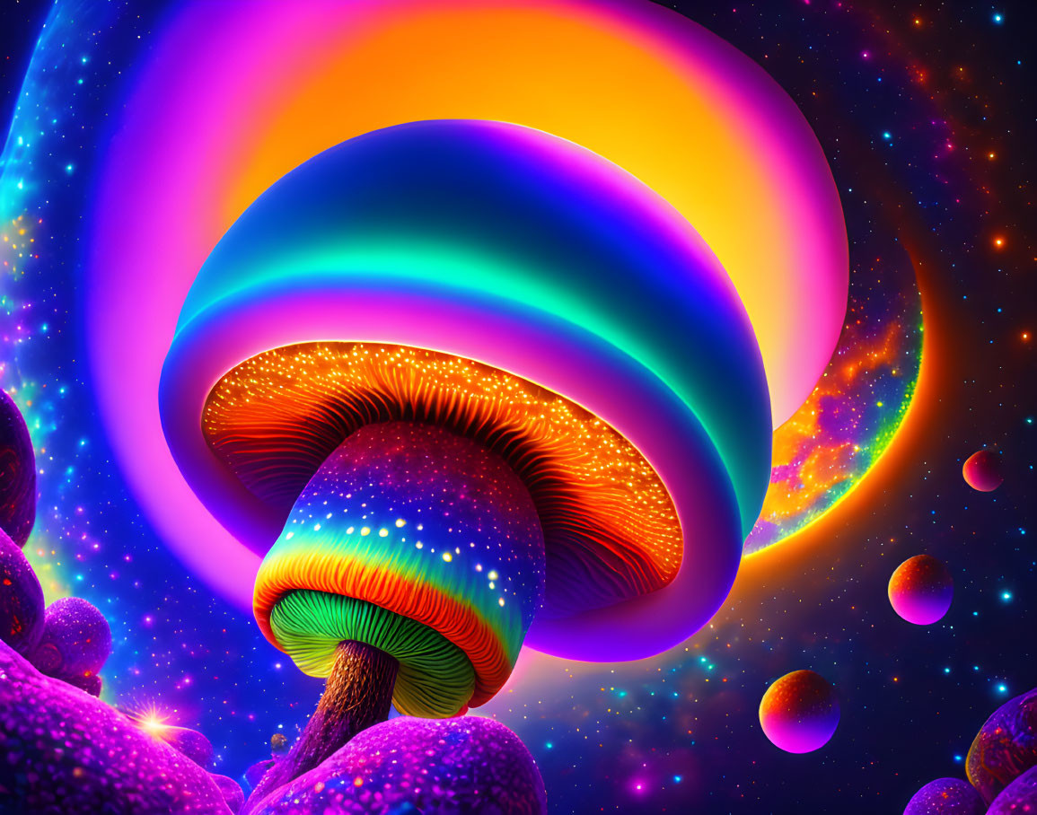 Colorful digital artwork: Psychedelic mushrooms in neon hues on cosmic background