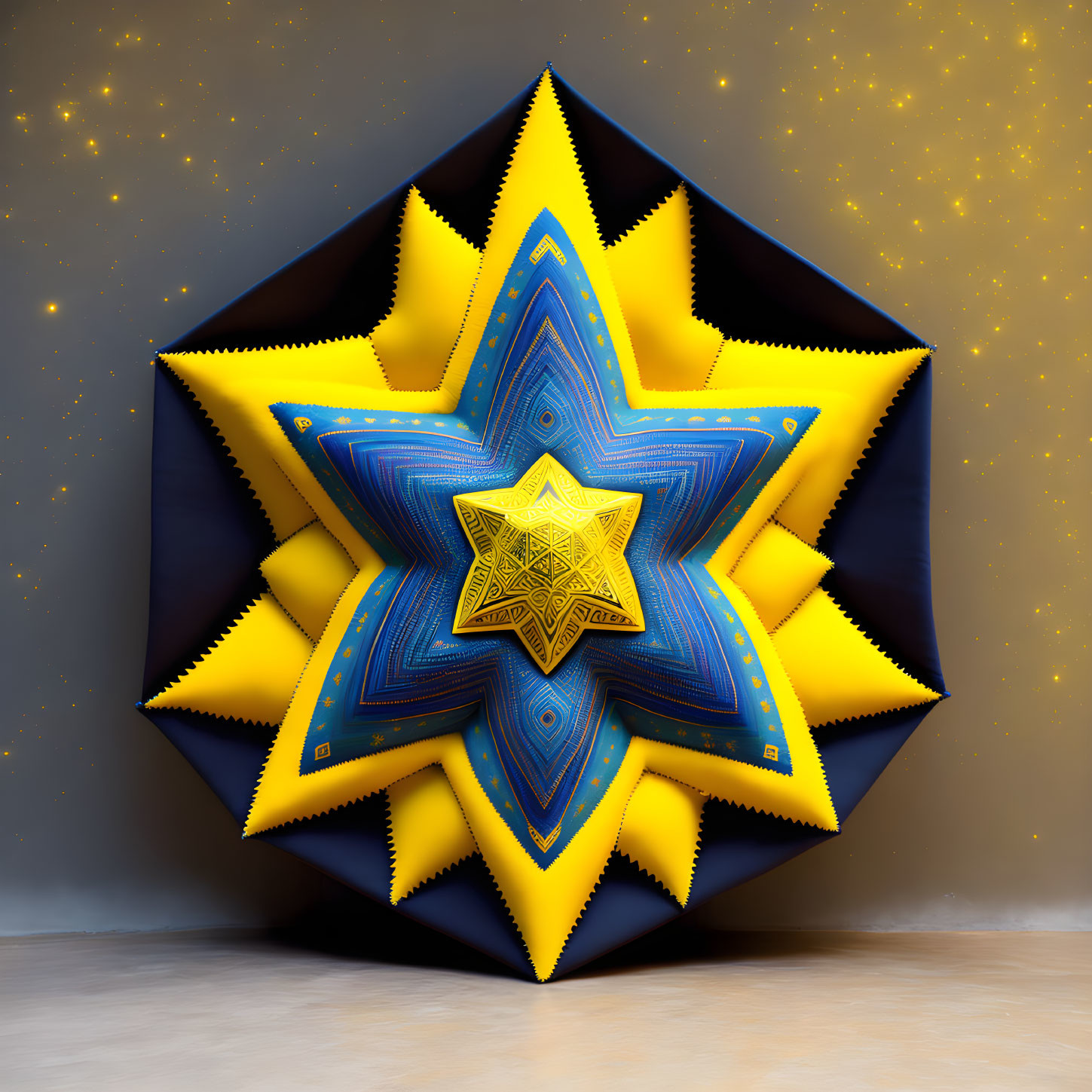 Colorful 3D star sculpture with blue and yellow patterns on neutral backdrop