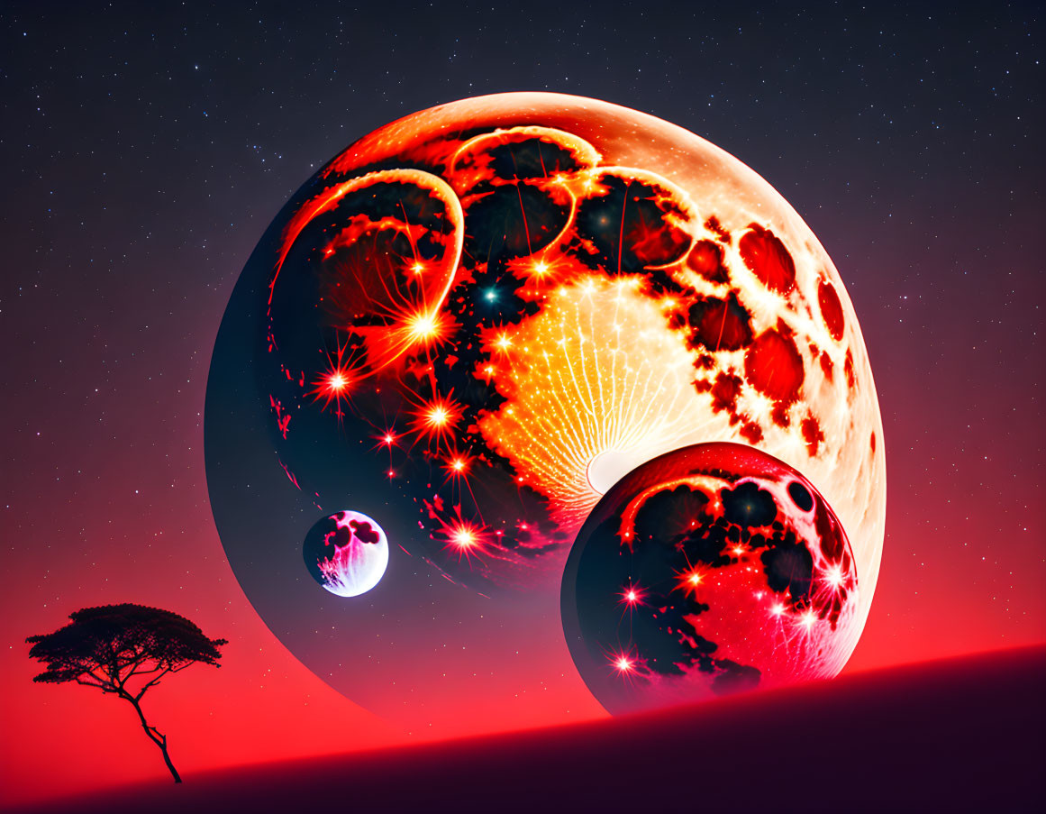 Celestial scene with moon-like orbs and radiant patterns in a red landscape