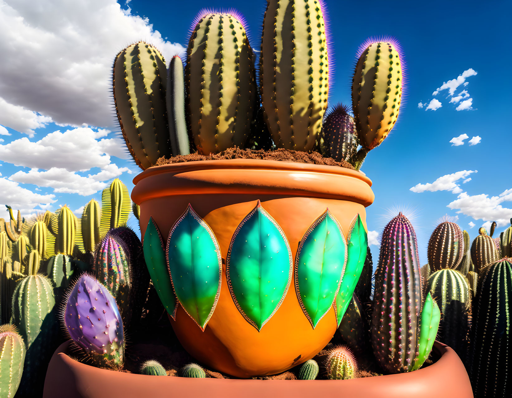 Oversized terracotta pot with turquoise diamonds, large cacti, landscape, blue sky