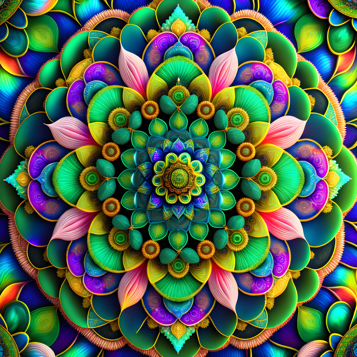 Colorful Symmetrical Fractal Image of Blooming Flower