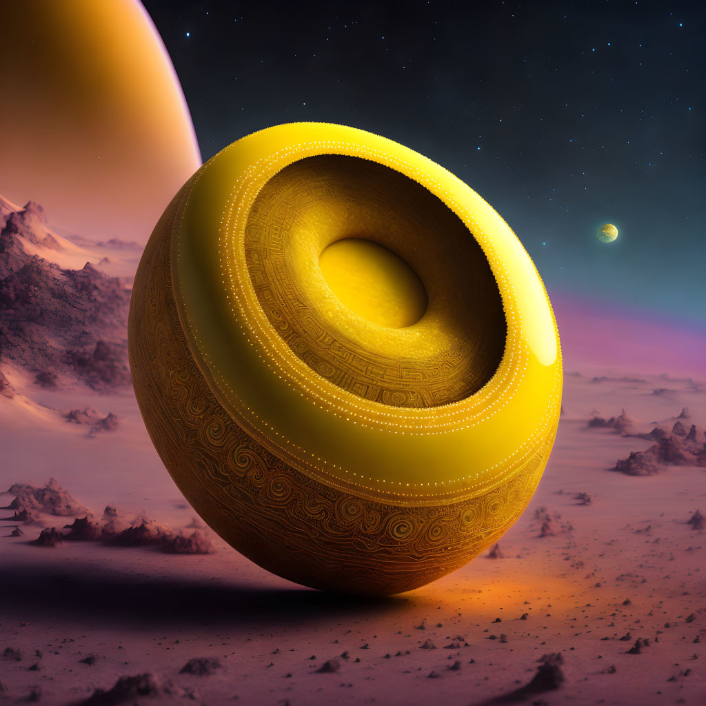 Snow-covered mountains and starry sky surreal landscape with large yellow torus and giant planet