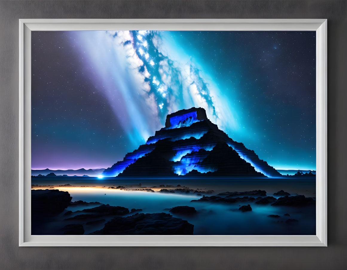 Night landscape with illuminated pyramid and aurora lights.