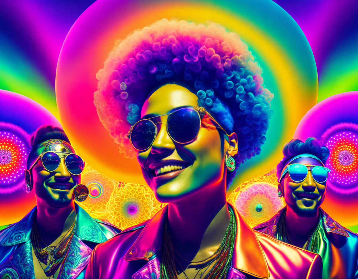 Colorful 70s-style portrait featuring smiling woman with afro and two men