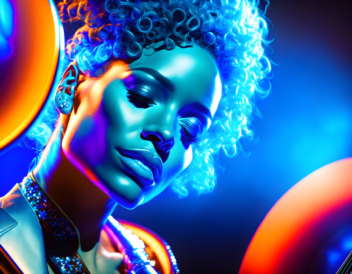 Vibrant neon-lit portrait of a woman with curly hair and stylish earrings