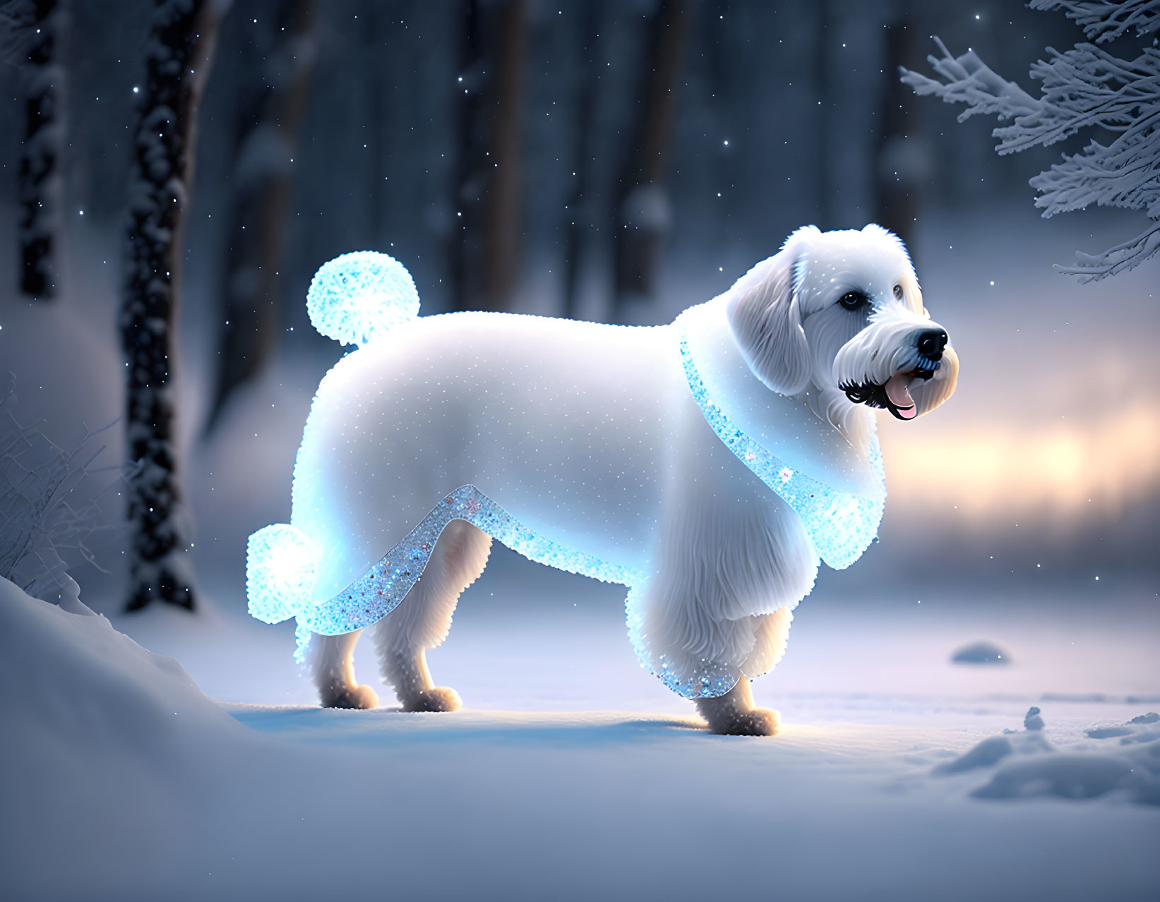 White Fluffy Dog with Blue Outlines in Snowy Twilight Forest