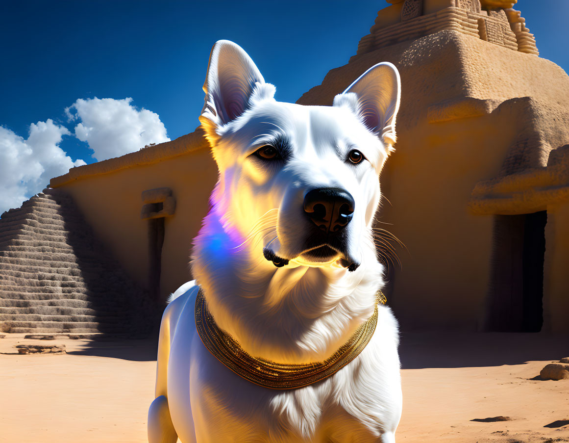 White Dog with Golden Collar in Desert Pyramid Landscape