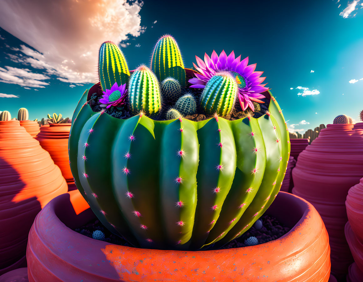 Colorful digital art: Large green cactus with pink flowers in terracotta pot