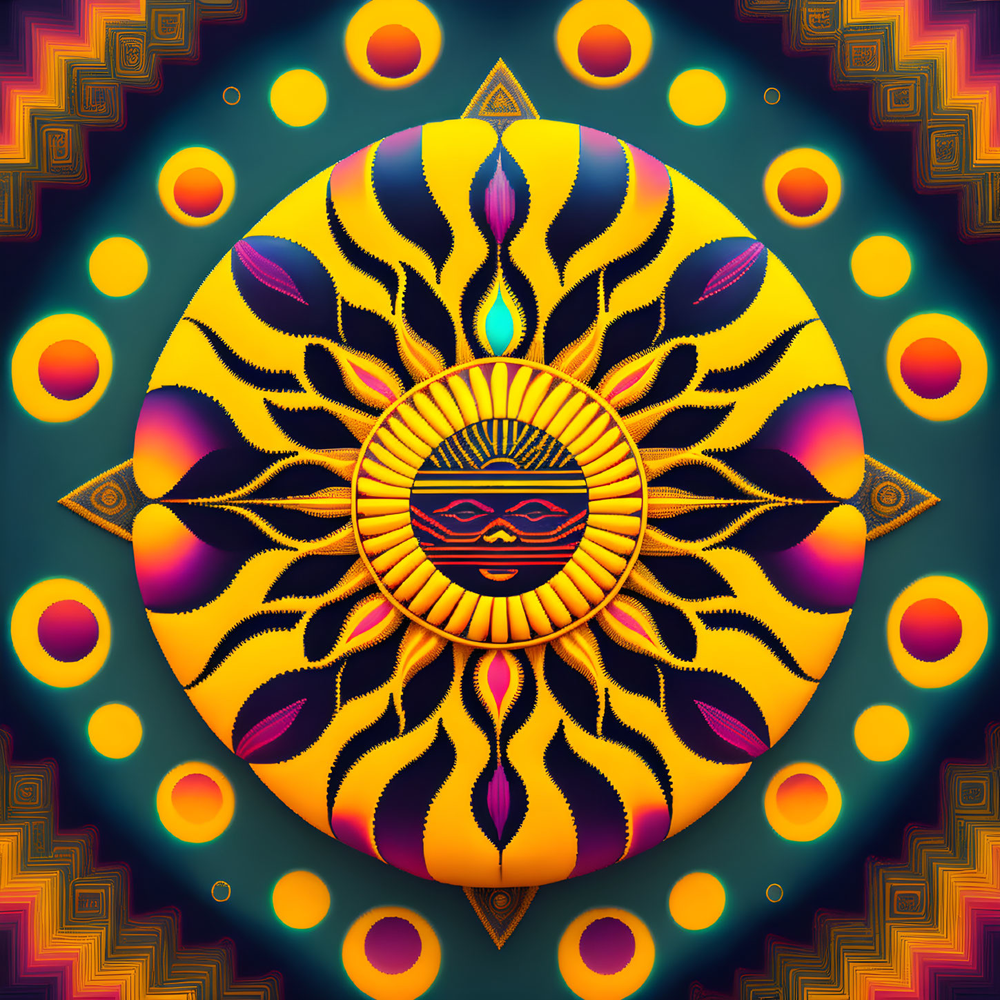 Colorful Mandala with Sun Motif and Stylized Face on Dark Teal Background