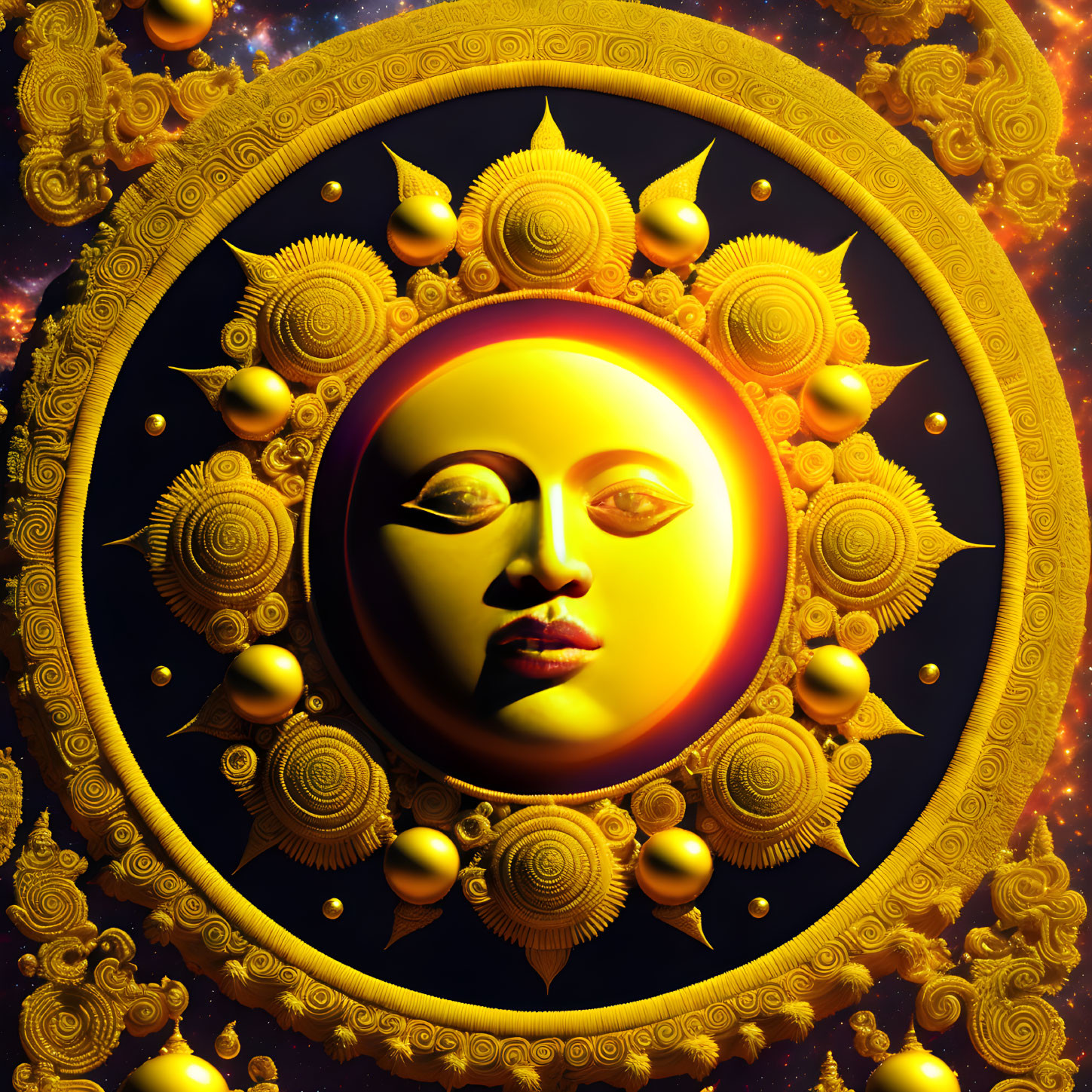 Intricate golden sun with serene human face in cosmic setting