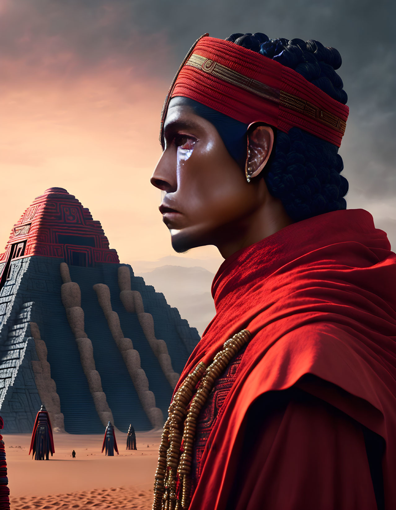 Ancient Mesoamerican attire portrait with headdress and pyramids background