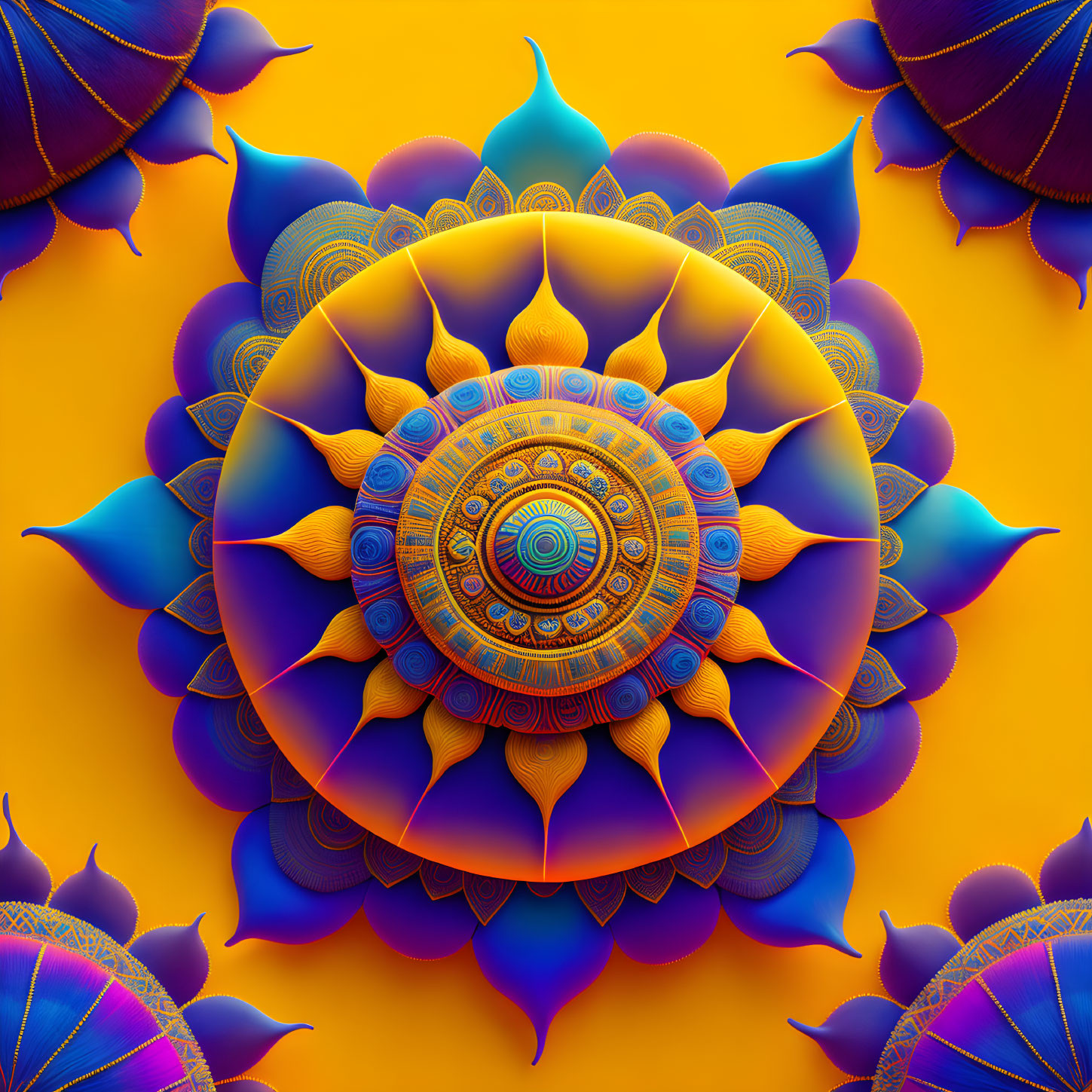 Intricate Blue and Orange Fractal Mandala with Petal-like Shapes