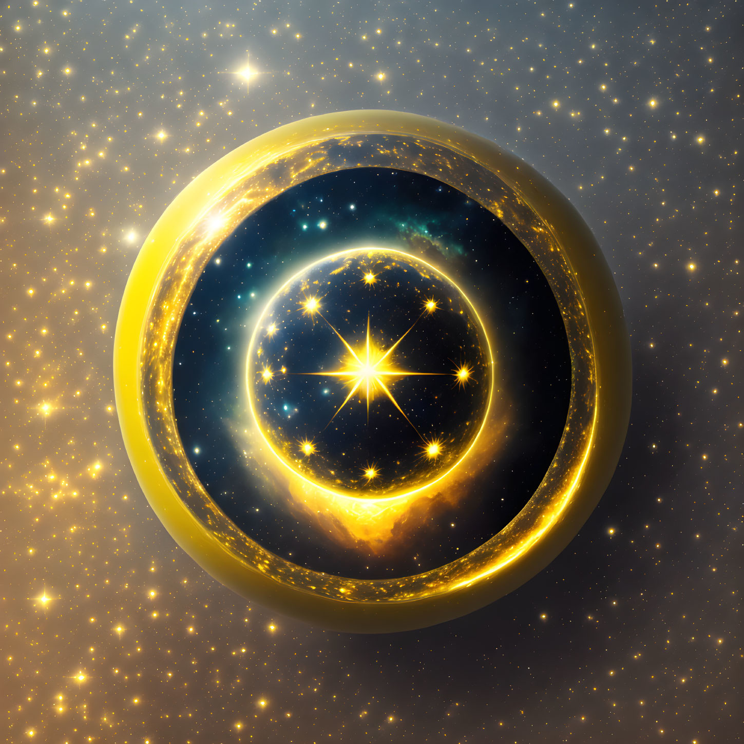 Golden Spiral Galaxy with Bright Center Star and Luminous Gold Ring