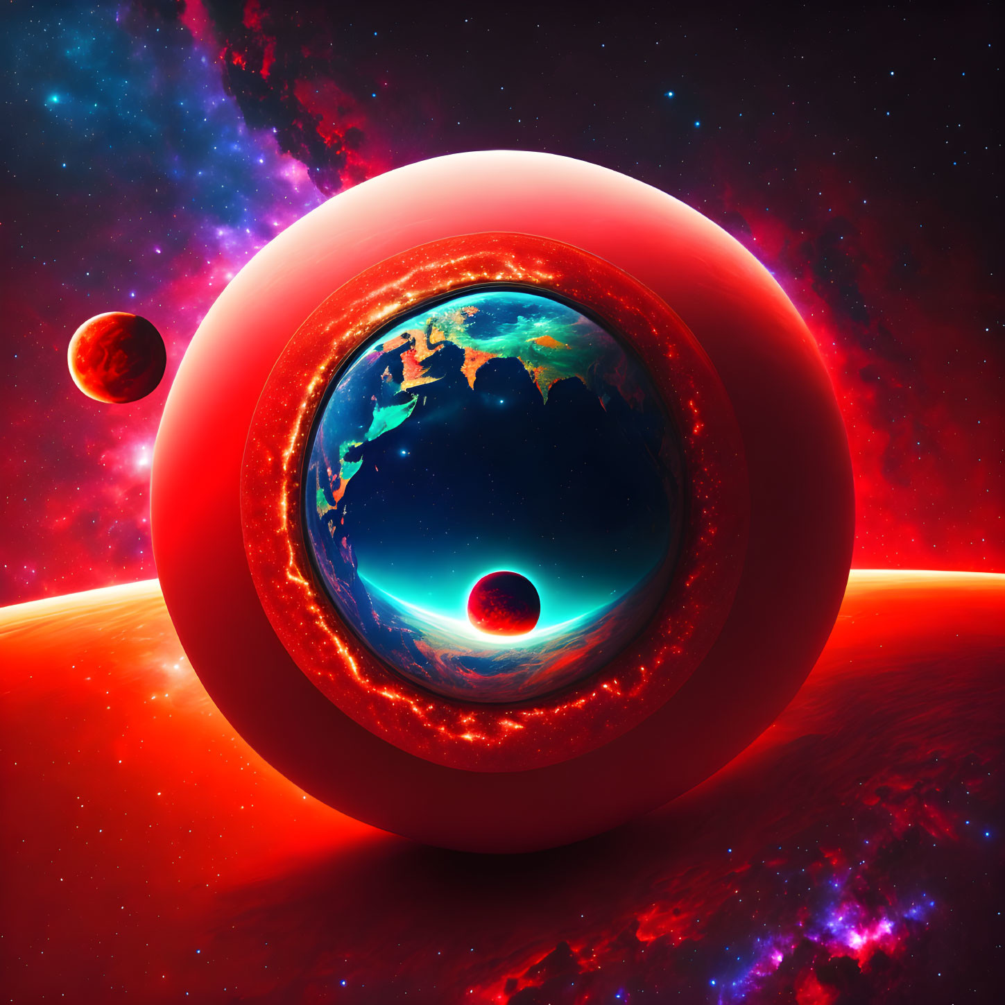 Nested Spherical Worlds with Glowing Lava Layers in Sci-Fi Art