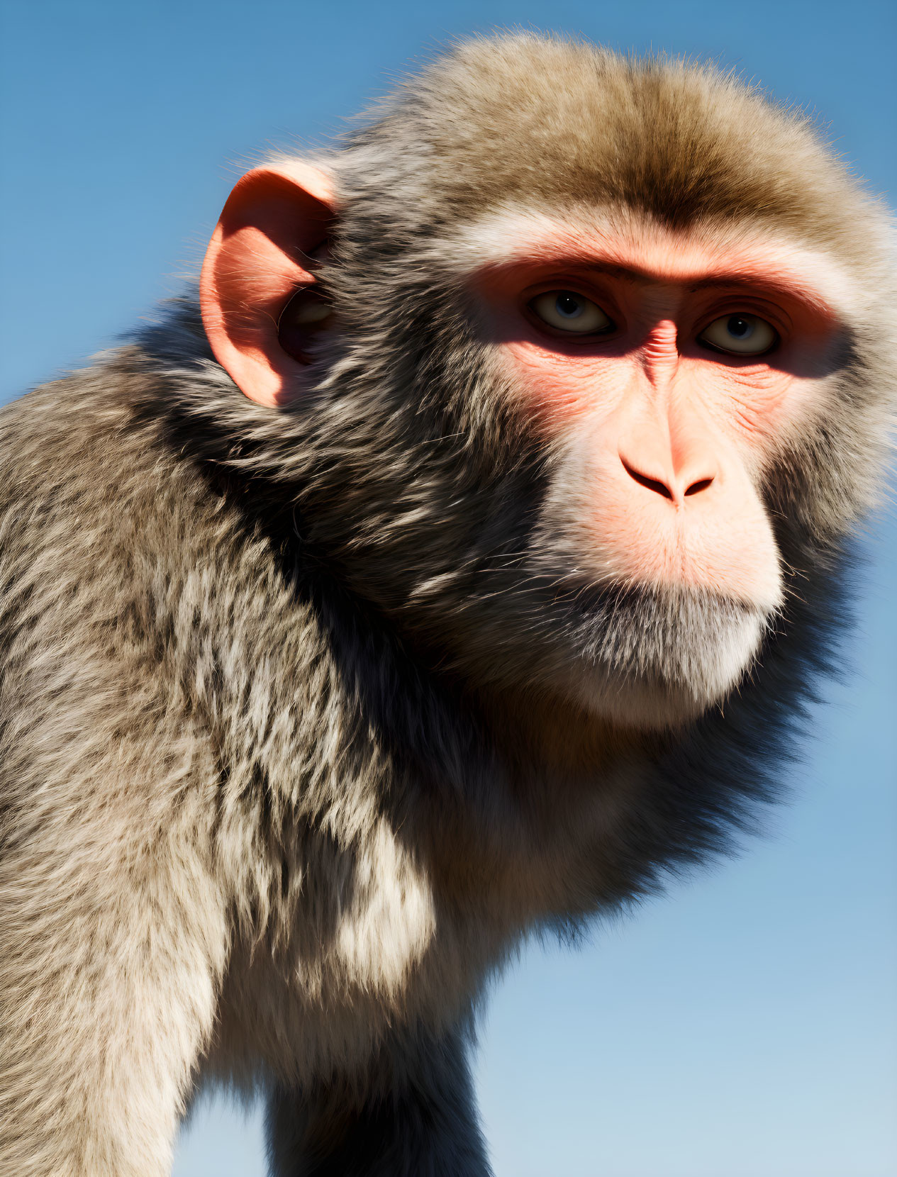 Detailed view of Japanese macaque's grey fur and expressive eyes against clear blue sky