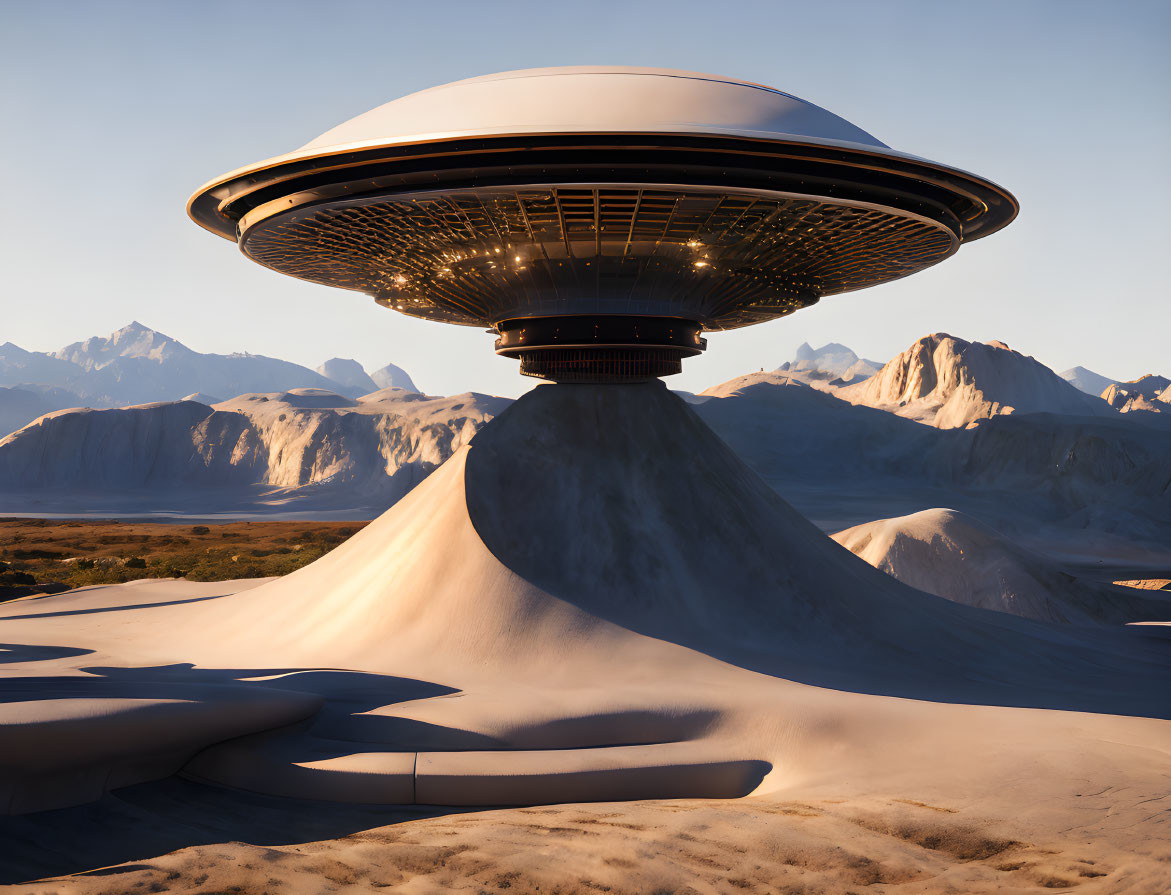 Futuristic UFO-like spaceship on desert with mountains