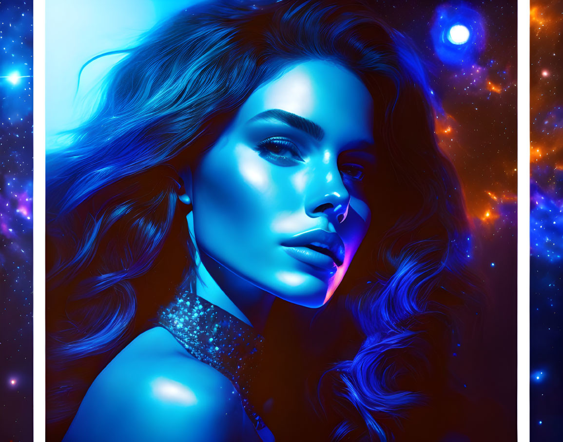 Digital Art Portrait: Woman with Glowing Blue Skin in Cosmic Setting