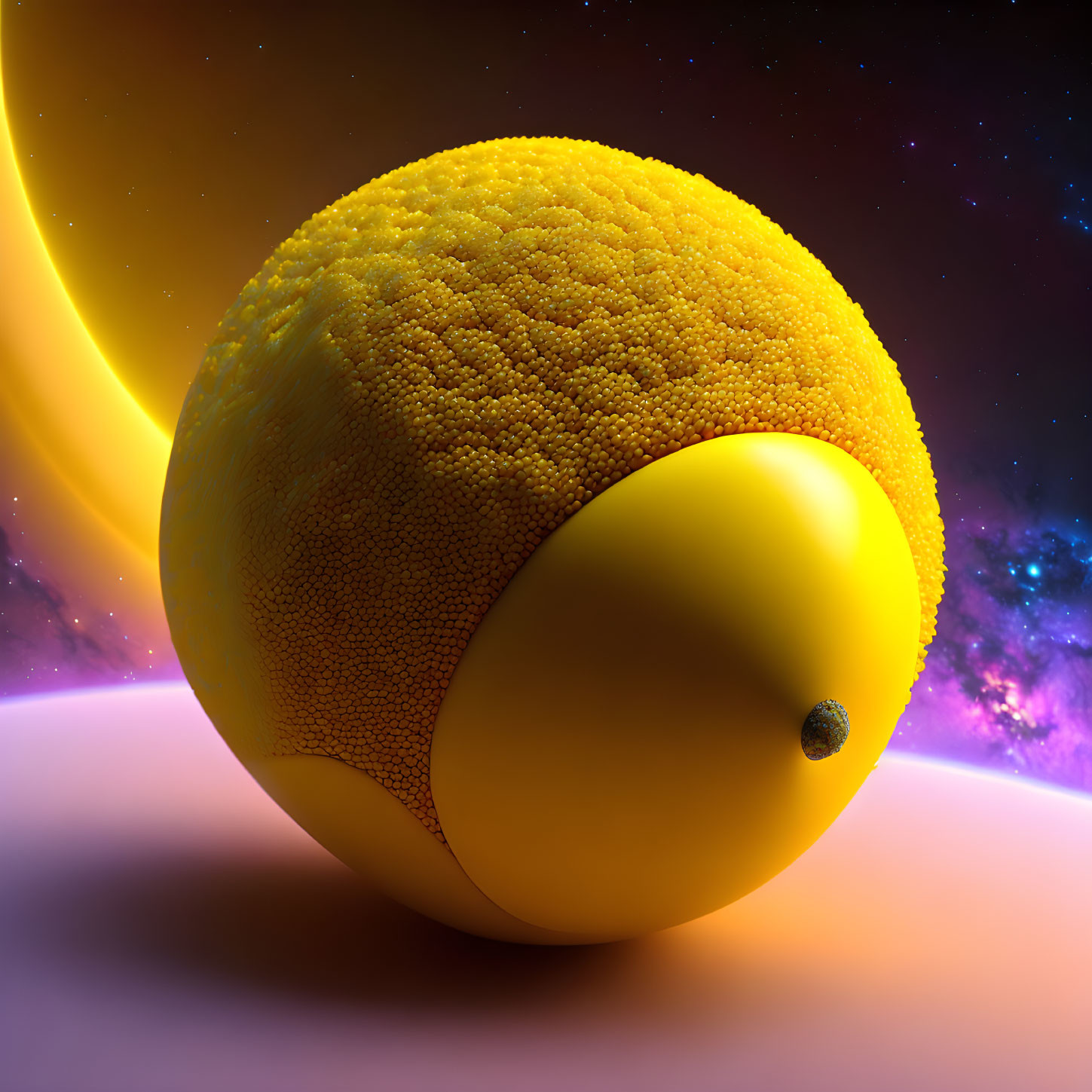 Yellow Textured Sphere with Cut-Out on Cosmic Background