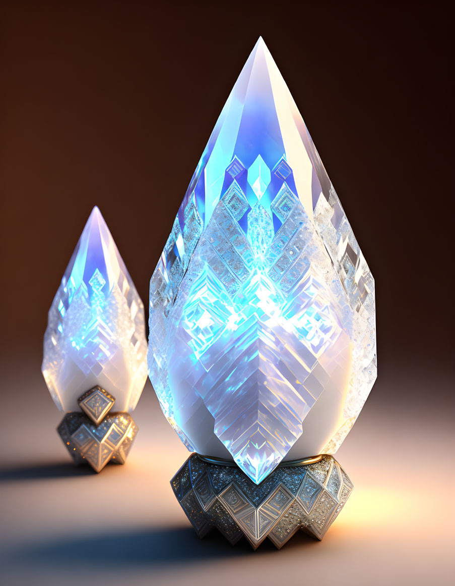 Glowing crystalline structures on ornate metallic bases against warm backdrop