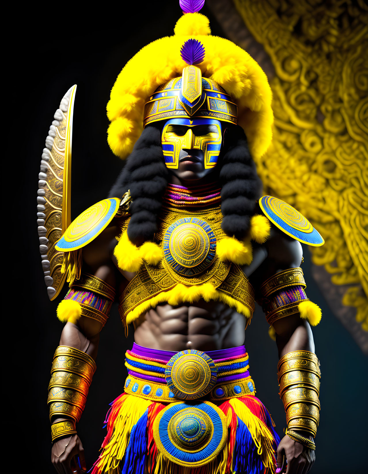 3D-rendered Aztec warrior in feathered armor with shield and sword