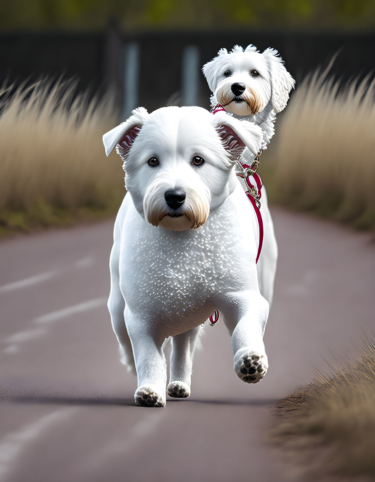 Fluffy white-coated large dog and smaller bow-wearing dog running on a leash