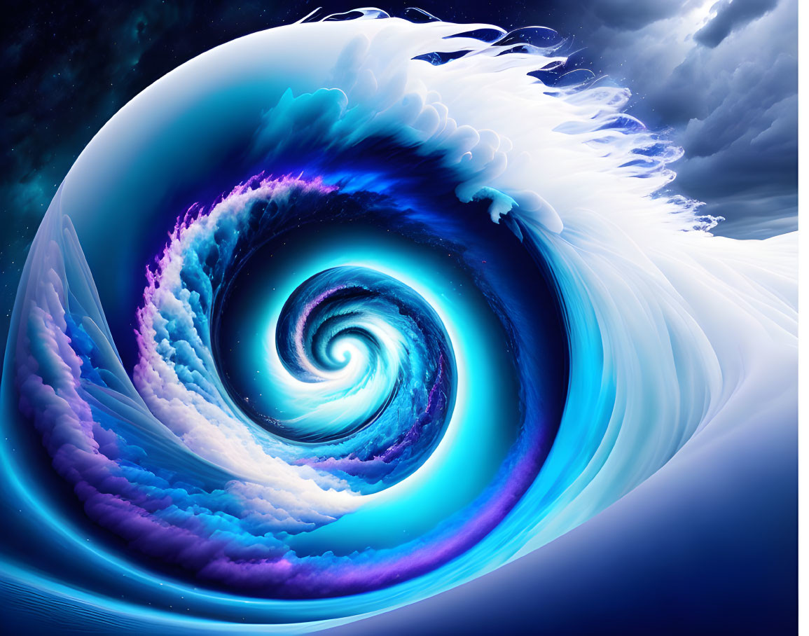 Surreal digital artwork: massive wave spiraling into vortex in star-filled sky