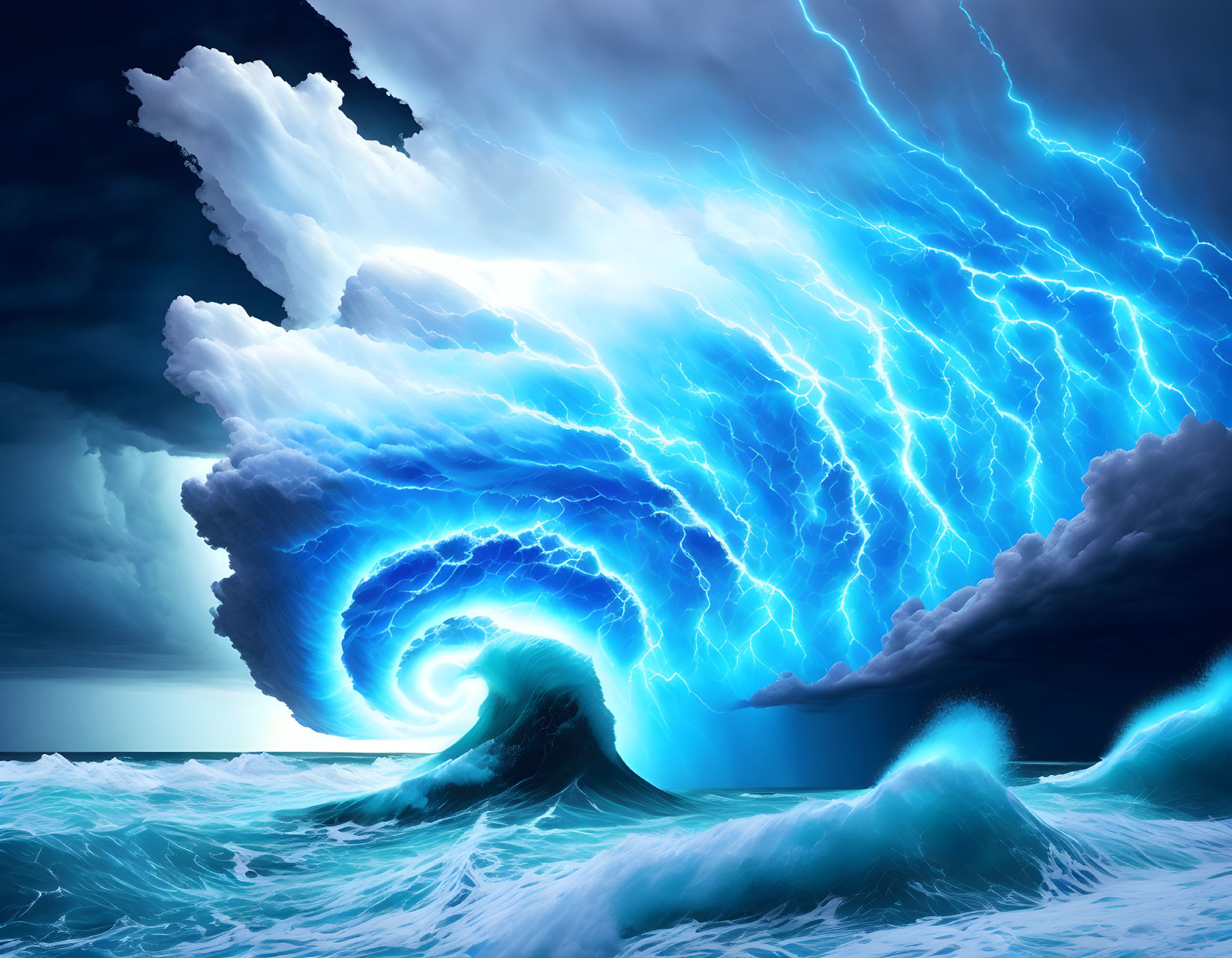 Digital artwork of massive spiraling wave with lightning bolts under stormy sky